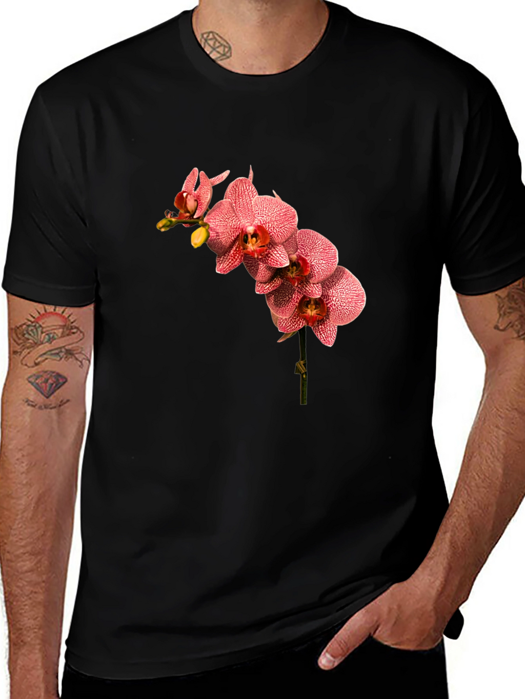 Floral Orchid Print Black T-Shirt