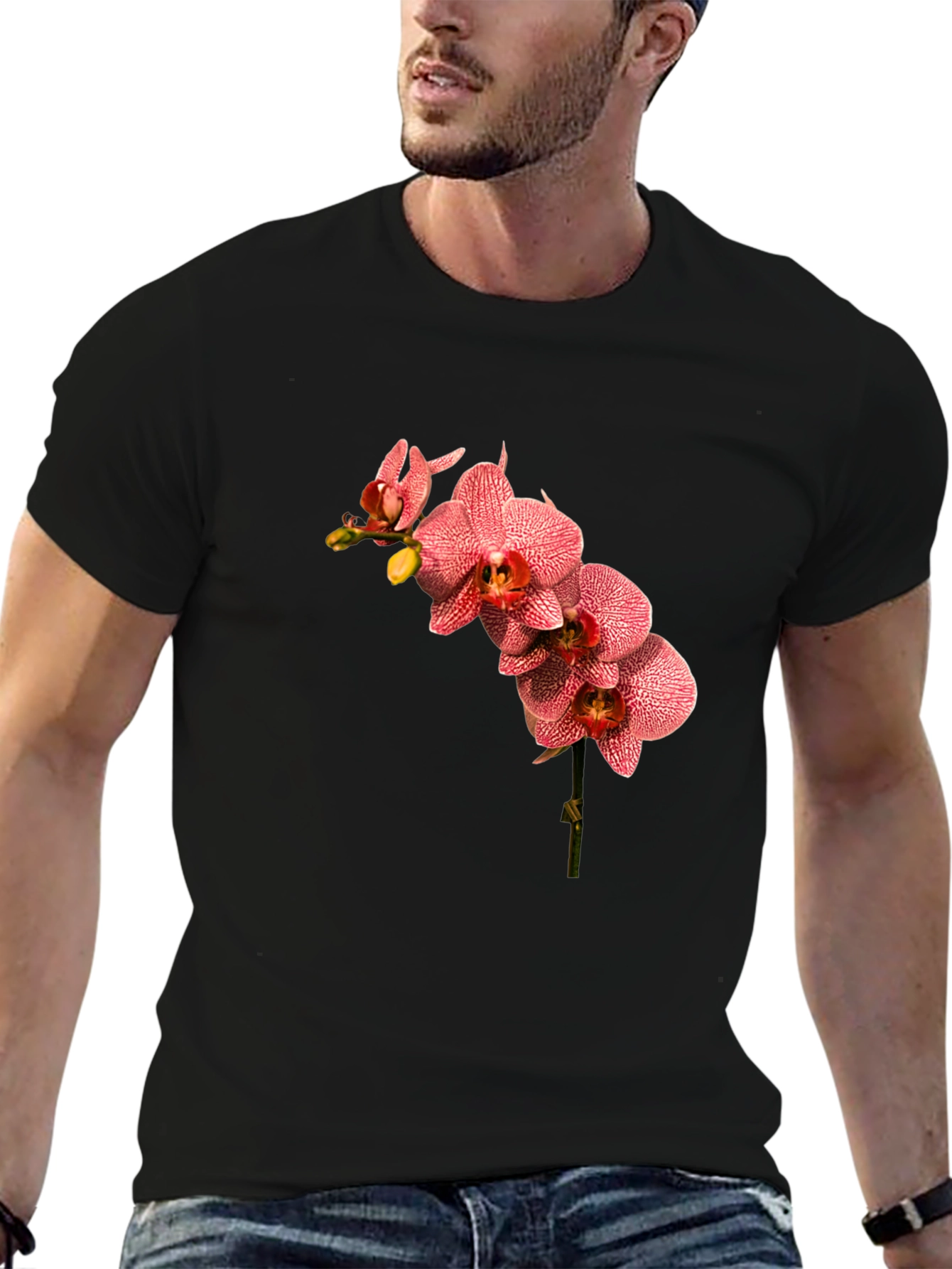 Floral Orchid Print Black T-Shirt