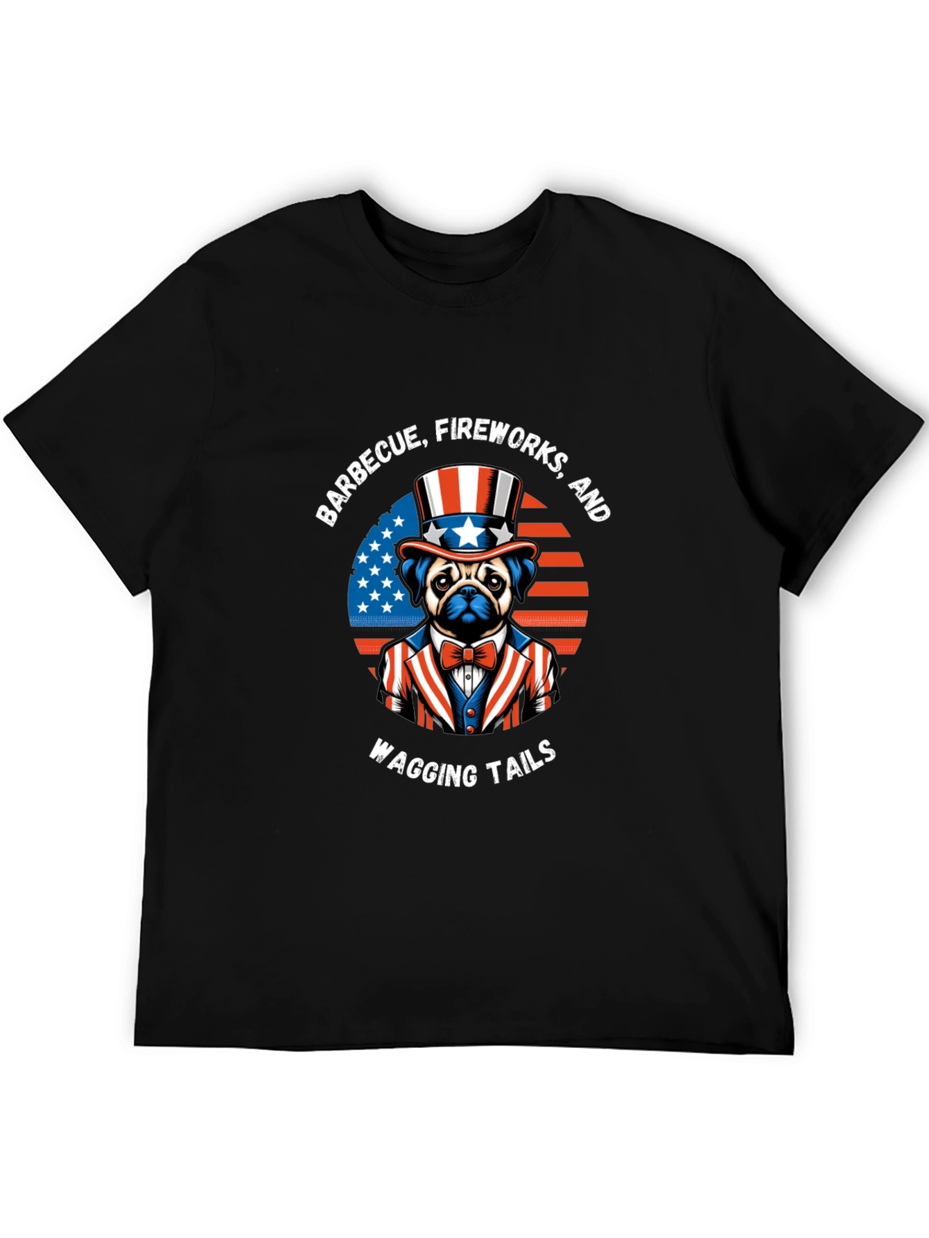 Patriotic Pug BBQ Fireworks Wagging Tails T-Shirt