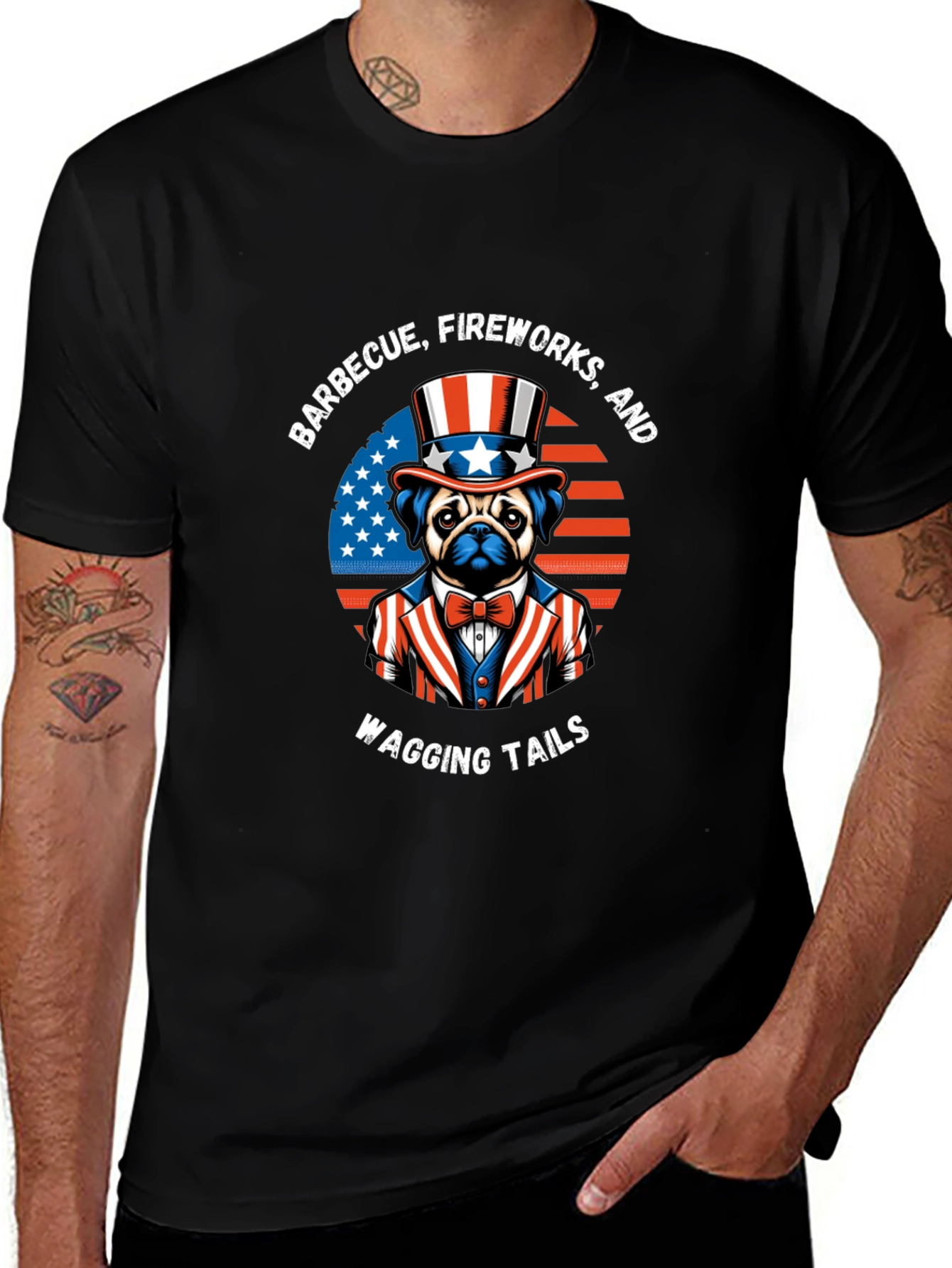 Patriotic Pug BBQ Fireworks Wagging Tails T-Shirt