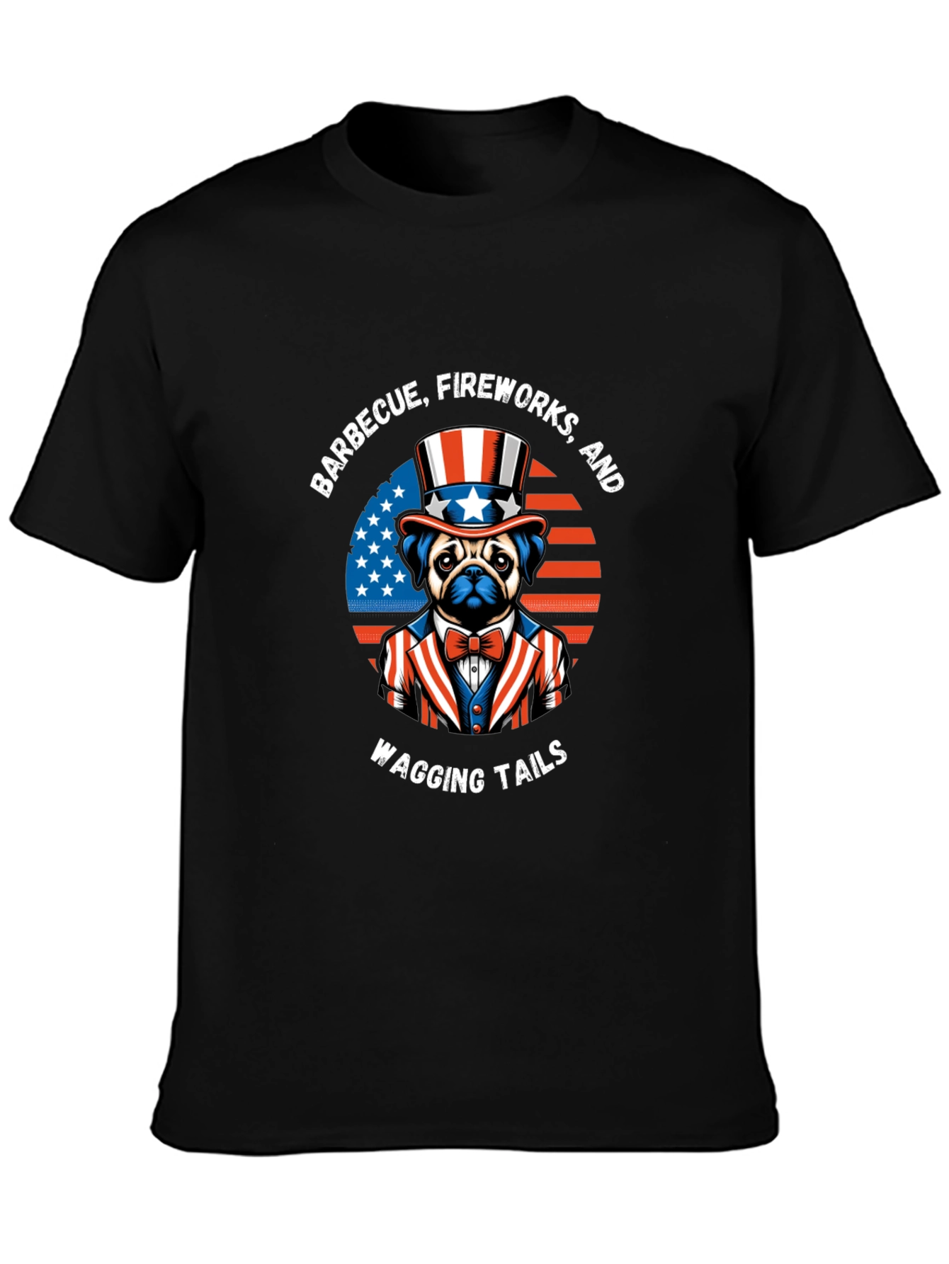 Patriotic Pug BBQ Fireworks Wagging Tails T-Shirt