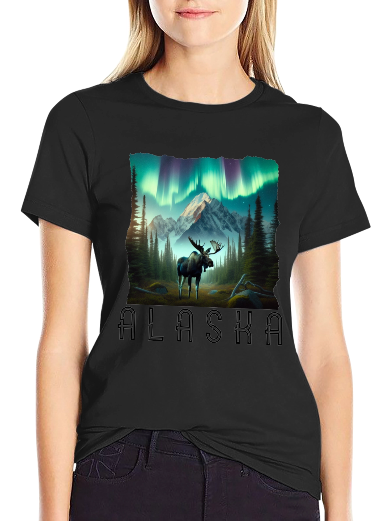 Alaska Moose & Northern Lights Graphic T-Shirt