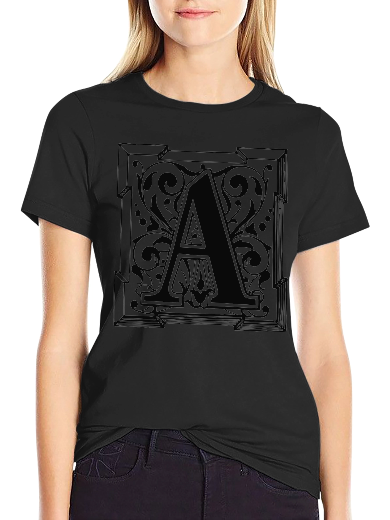 Ornate Letter A Black T-Shirt - Elegant Initial Tee
