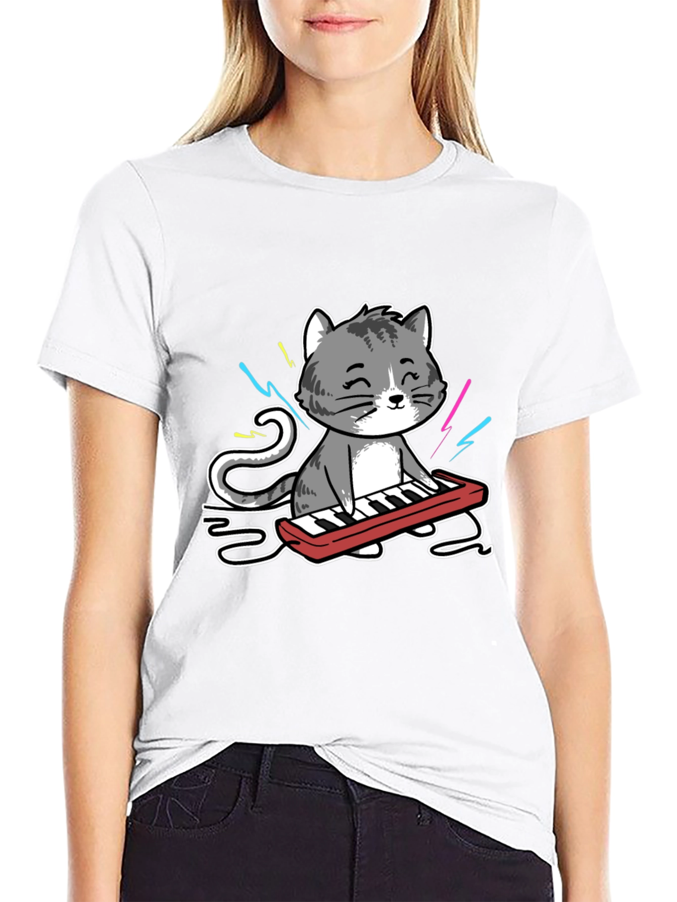 Cat Playing Keyboard Graphic T-Shirt