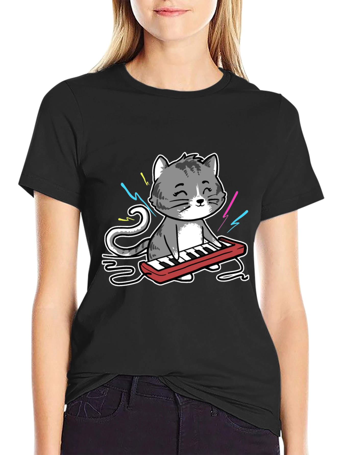 Cat Playing Keyboard Graphic T-Shirt