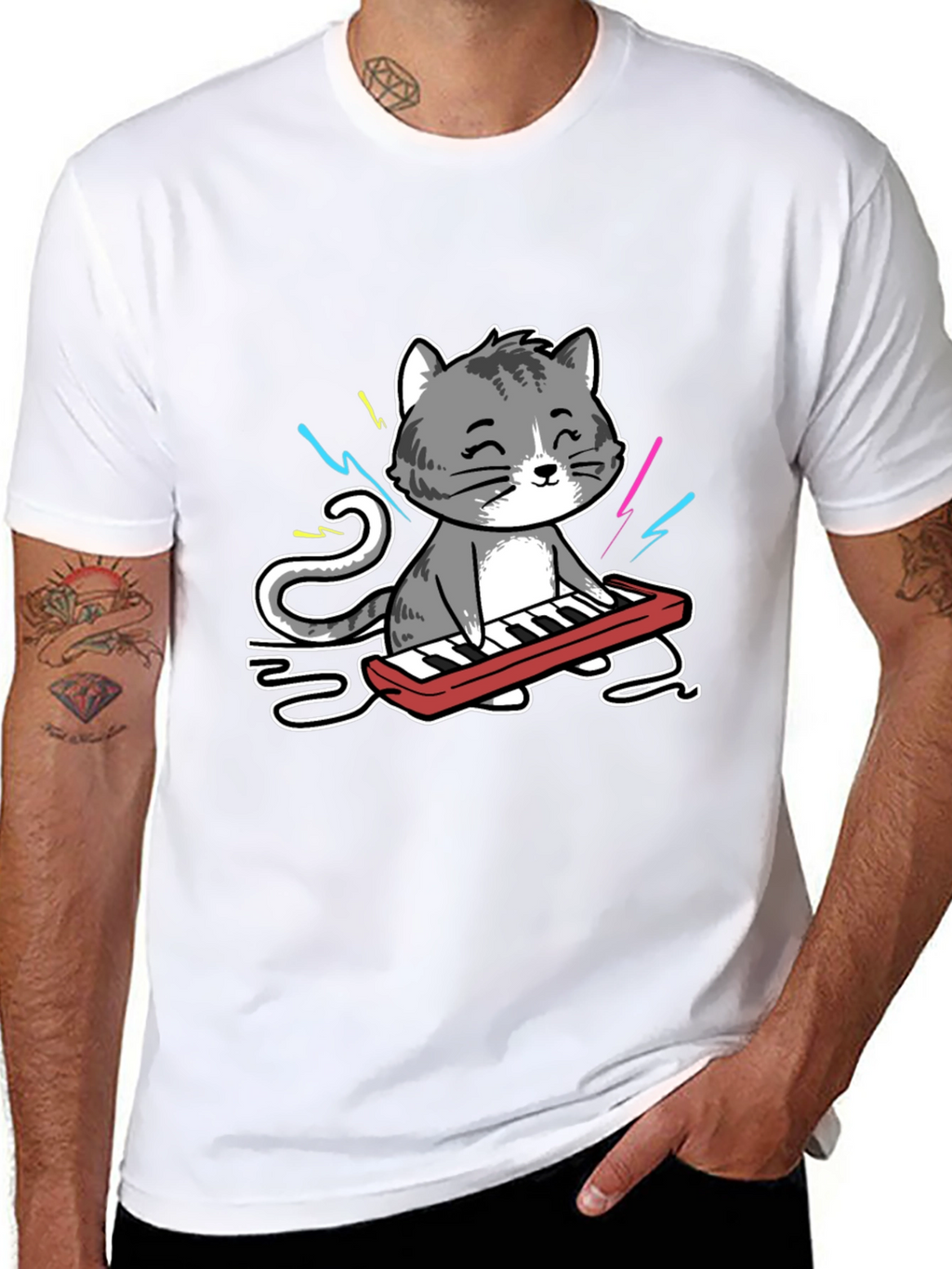Cat Playing Keyboard Graphic T-Shirt