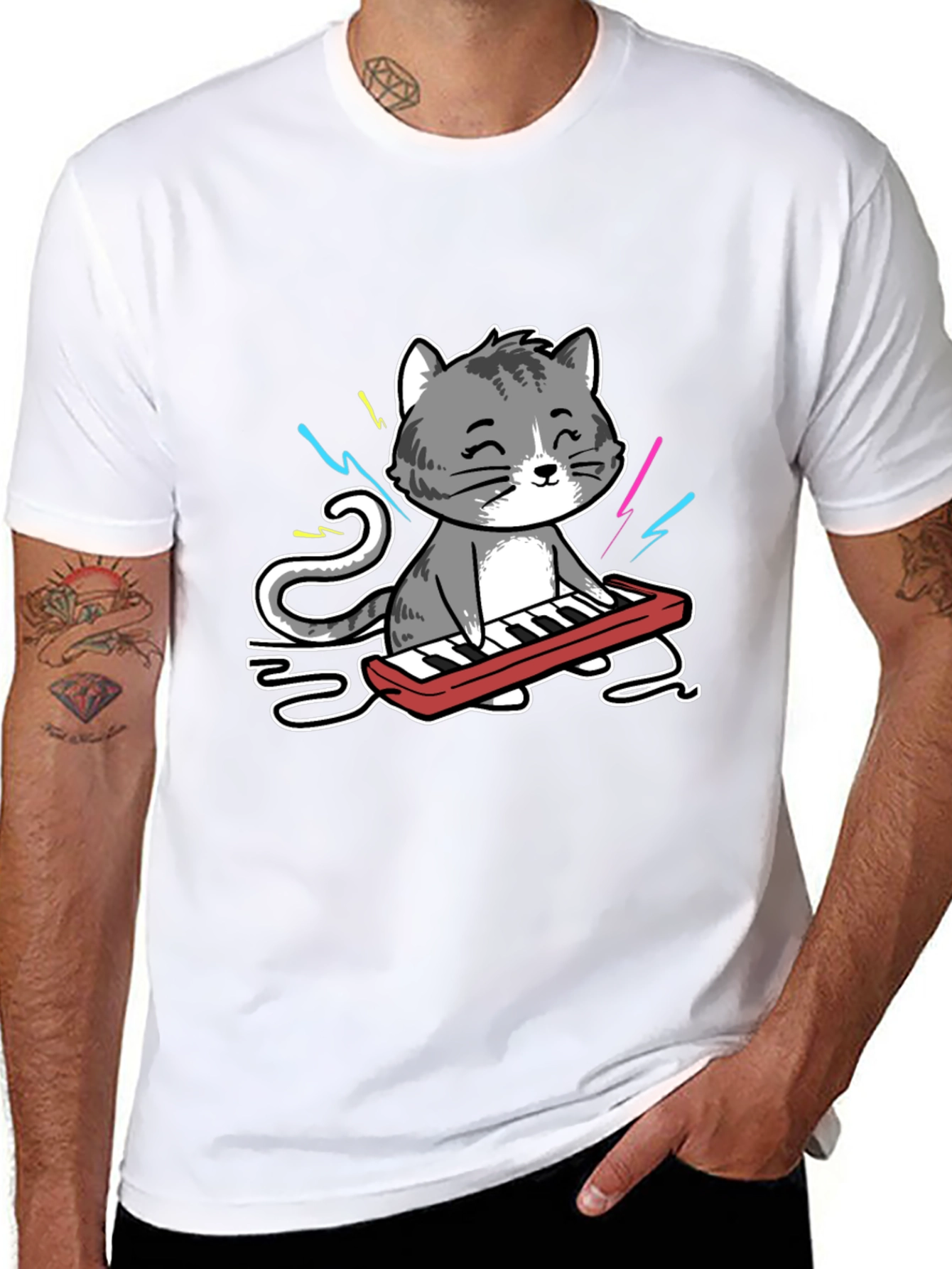 Cat Playing Keyboard Graphic T-Shirt
