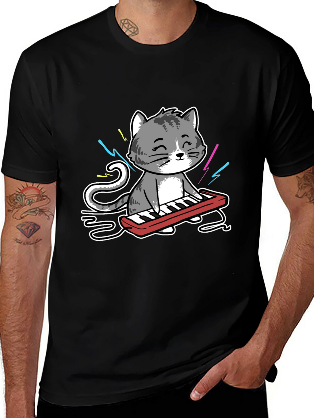 Cat Playing Keyboard Graphic T-Shirt