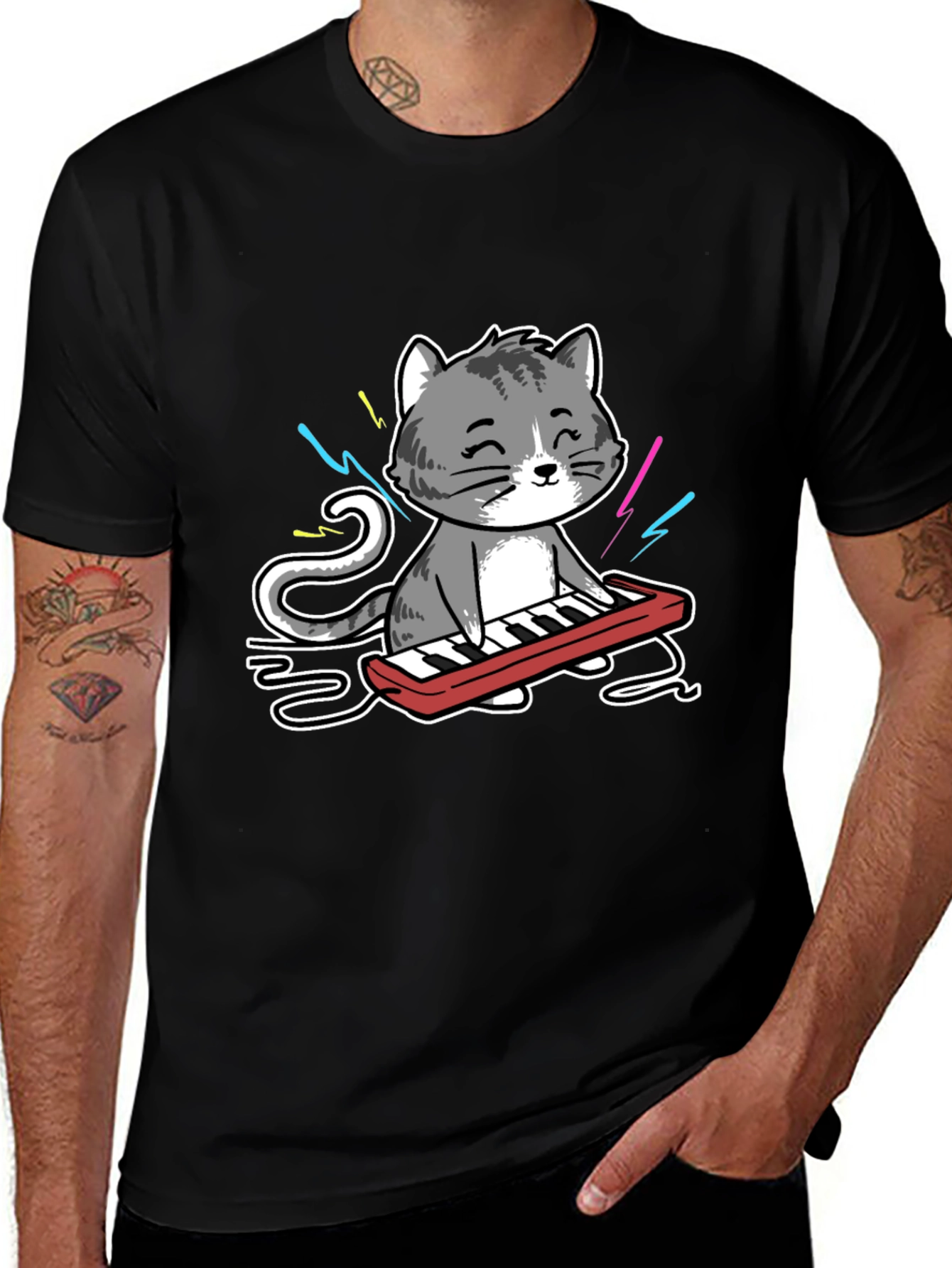 Cat Playing Keyboard Graphic T-Shirt