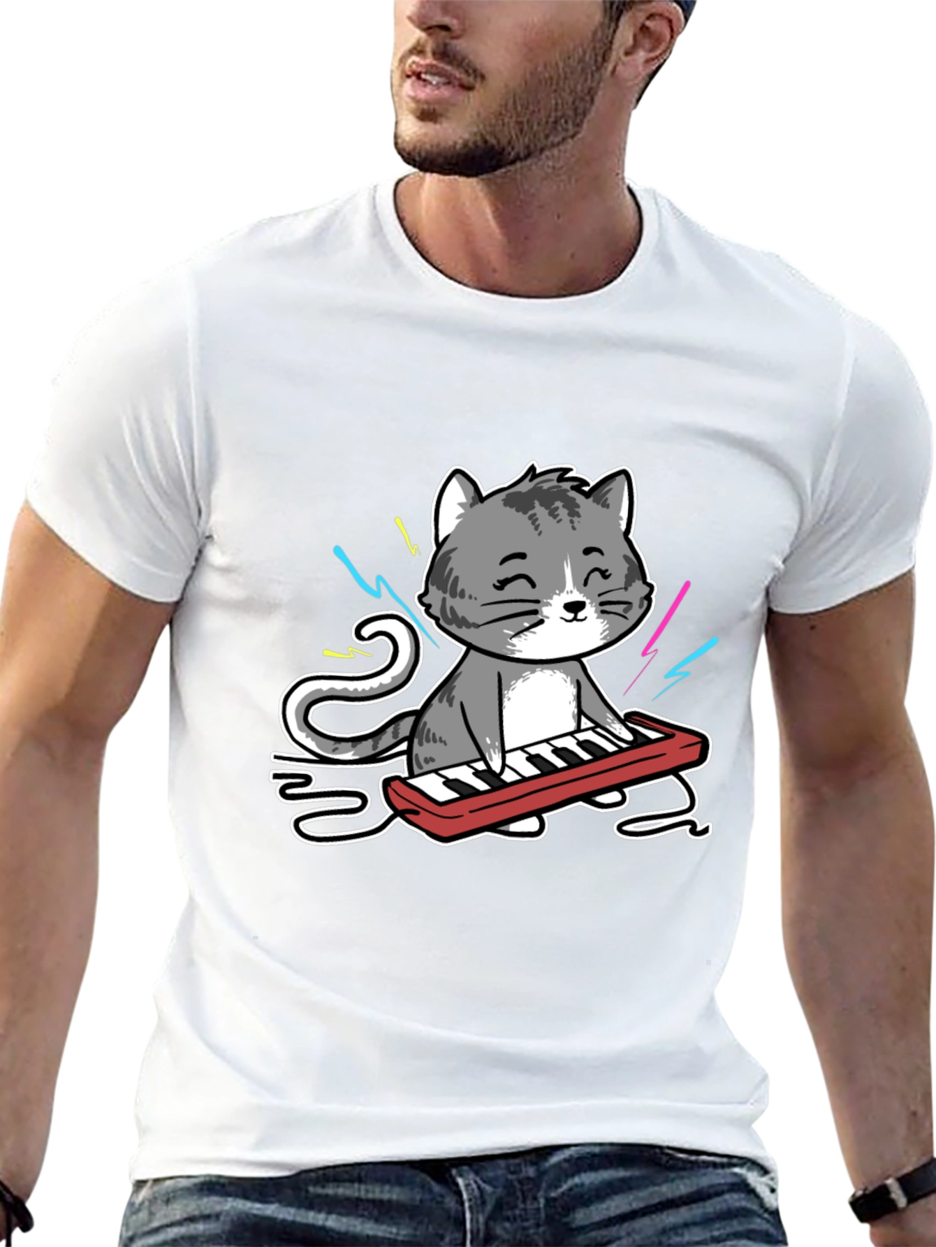 Cat Playing Keyboard Graphic T-Shirt
