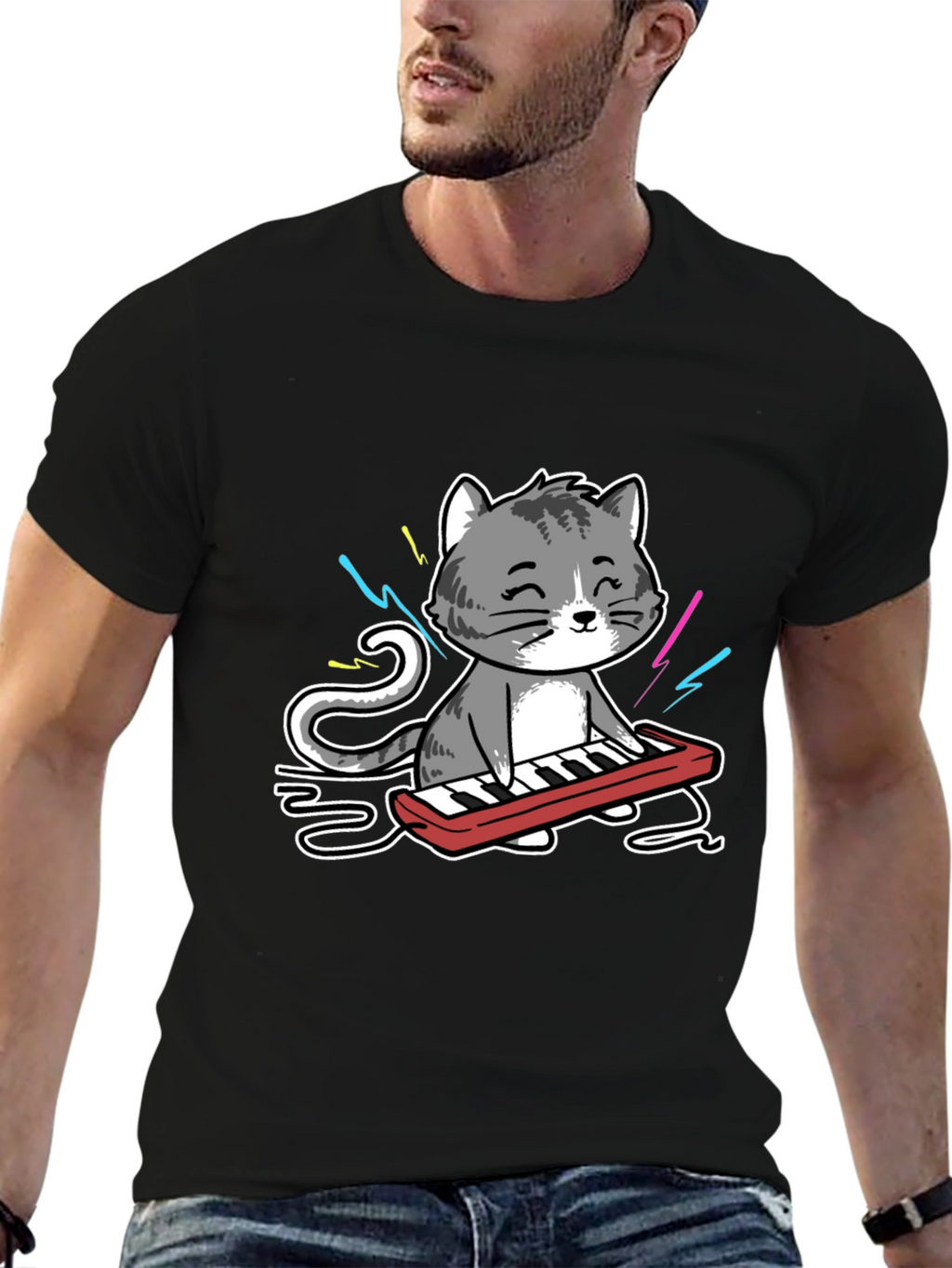 Cat Playing Keyboard Graphic T-Shirt