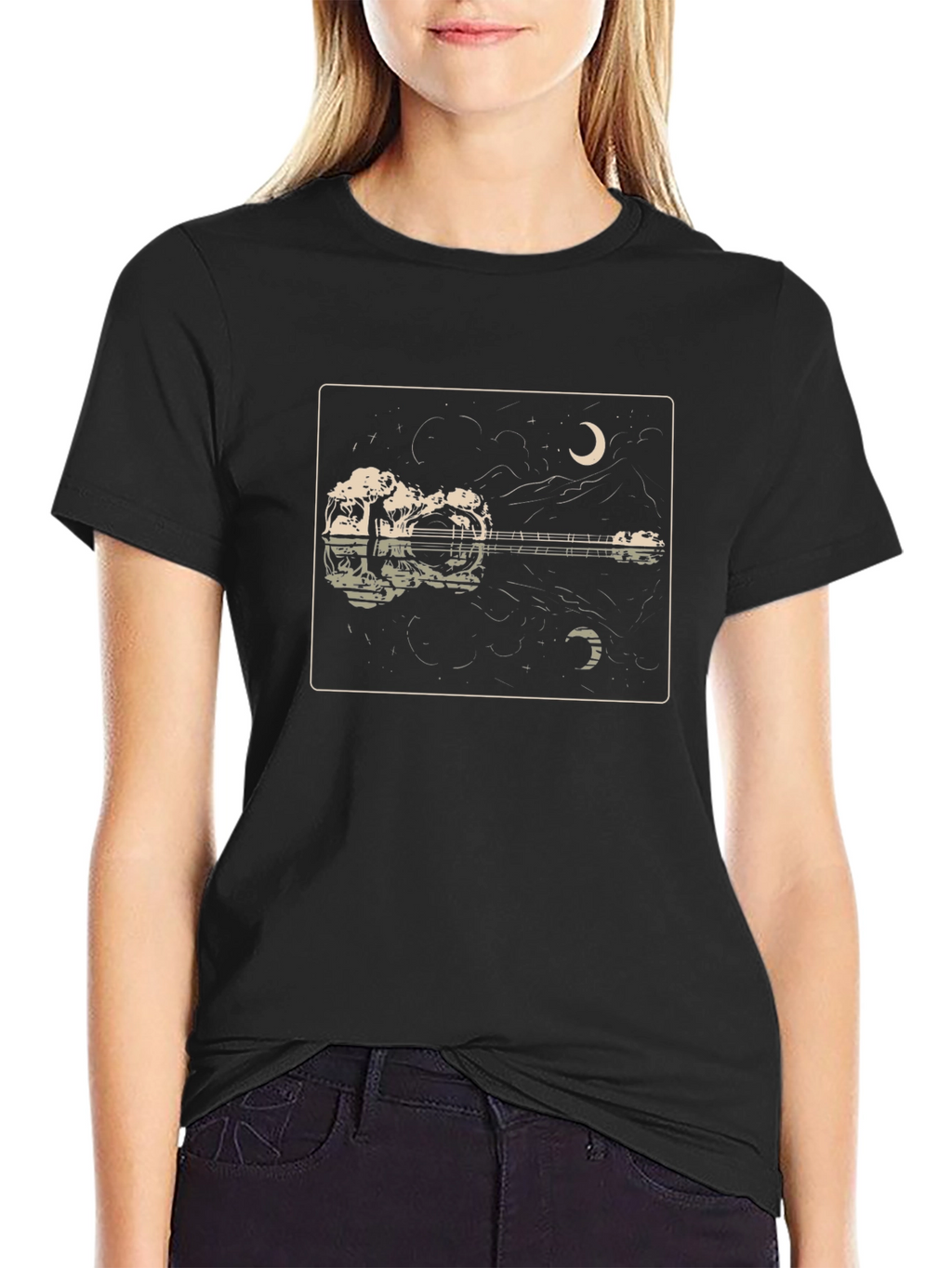 Guitar Reflection Graphic Tee - Moonlit Serenade