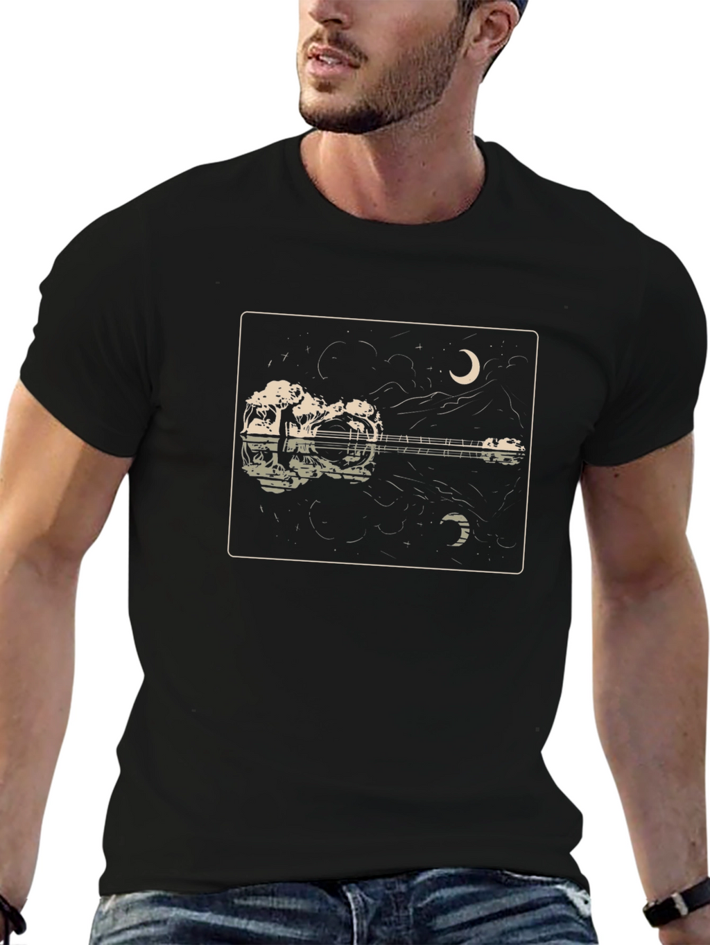Guitar Reflection Graphic Tee - Moonlit Serenade