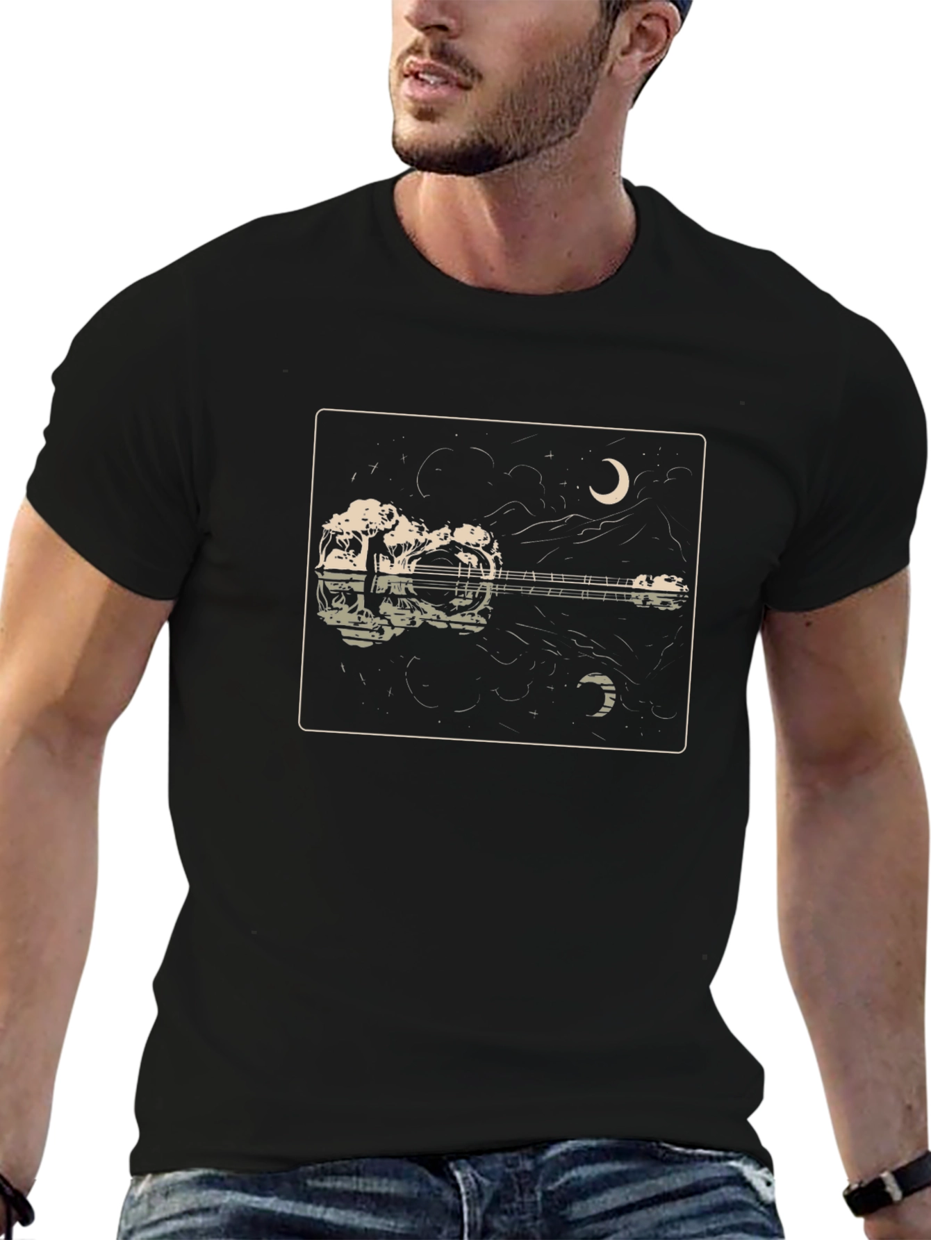 Guitar Reflection Graphic Tee - Moonlit Serenade