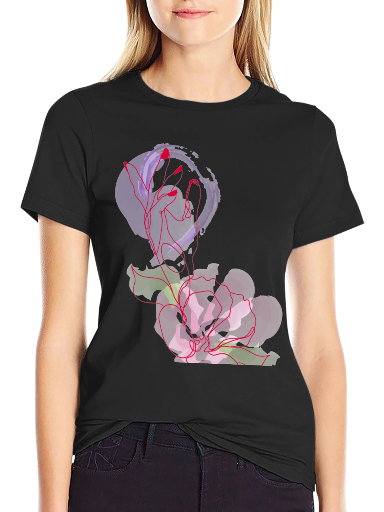 Abstract Floral Graphic Tee - Black