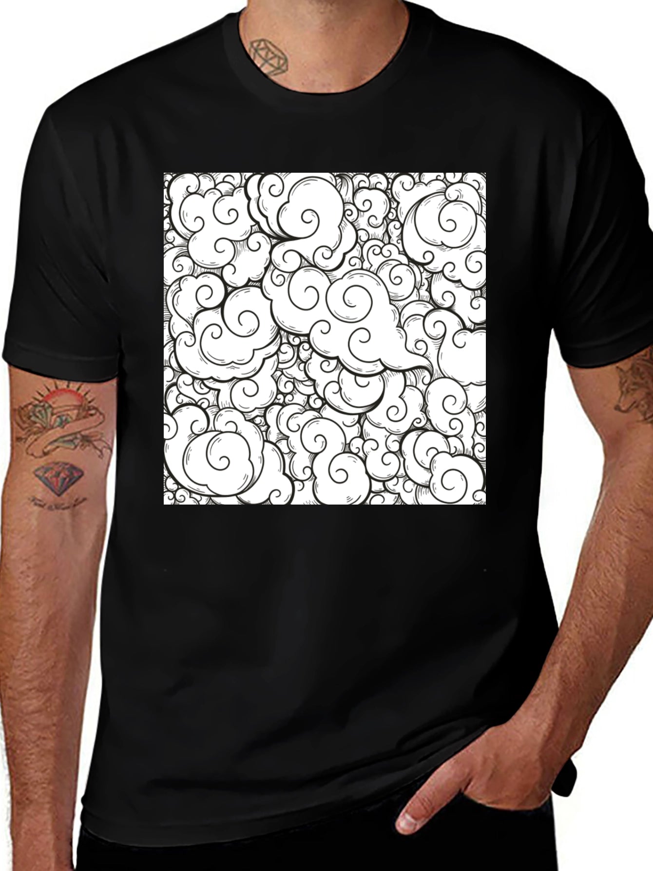 Cloud Pattern Graphic Tee - Black Cotton Shirt
