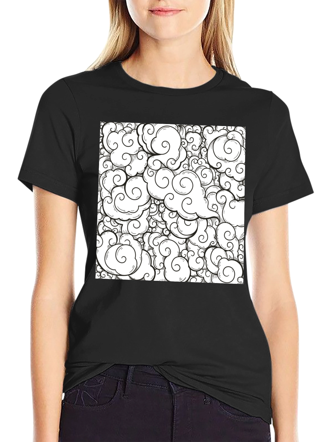 Cloud Pattern Graphic Tee - Black Cotton Shirt