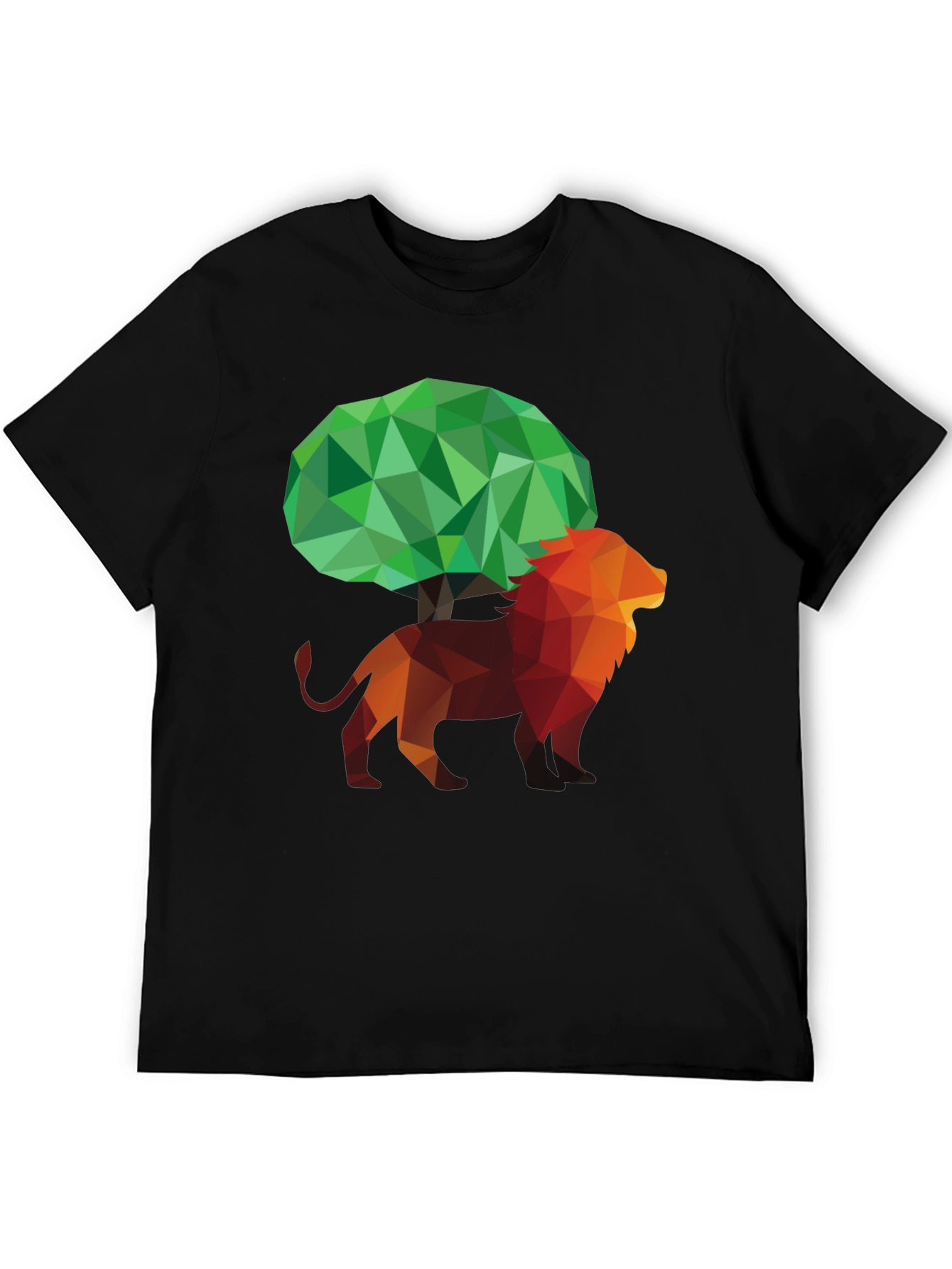 Geometric Lion & Tree Graphic Print Mens Black T-Shirt