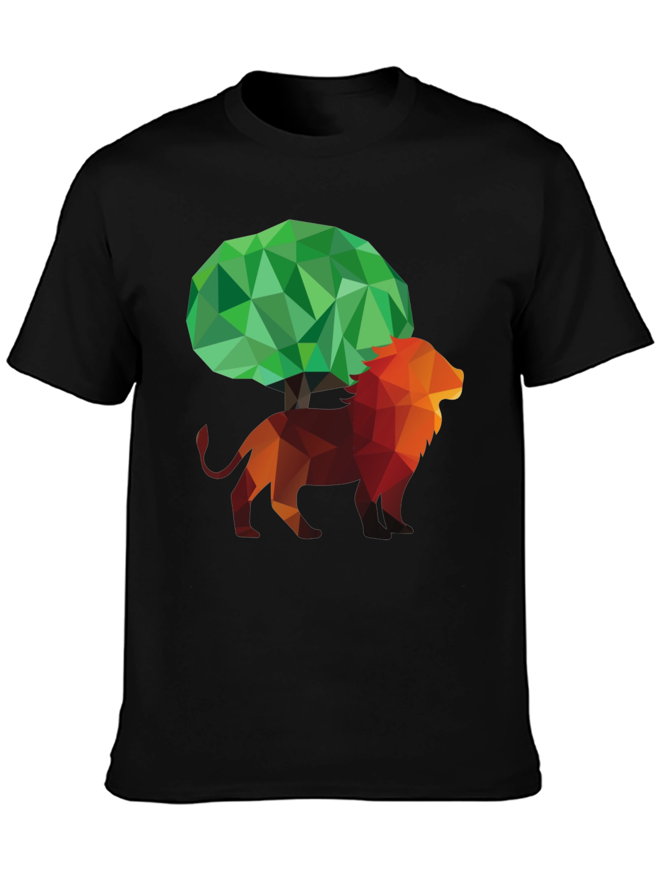 Geometric Lion & Tree Graphic Print Mens Black T-Shirt