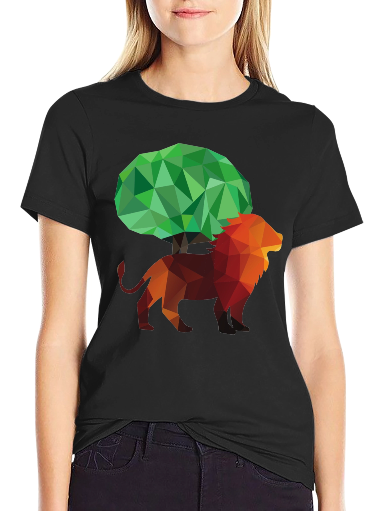 Geometric Lion & Tree Graphic Print Mens Black T-Shirt