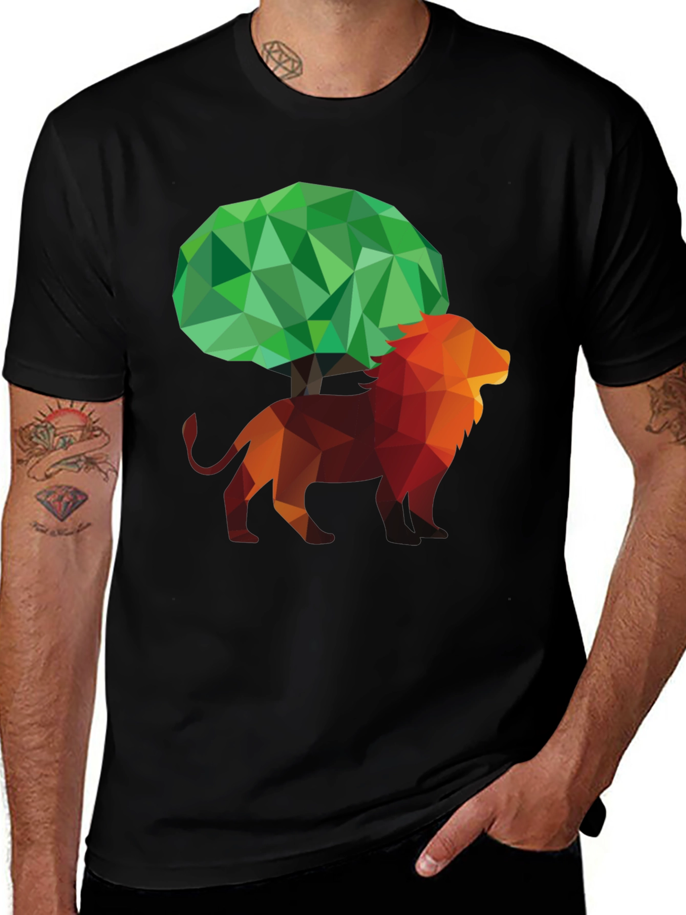 Geometric Lion & Tree Graphic Print Mens Black T-Shirt