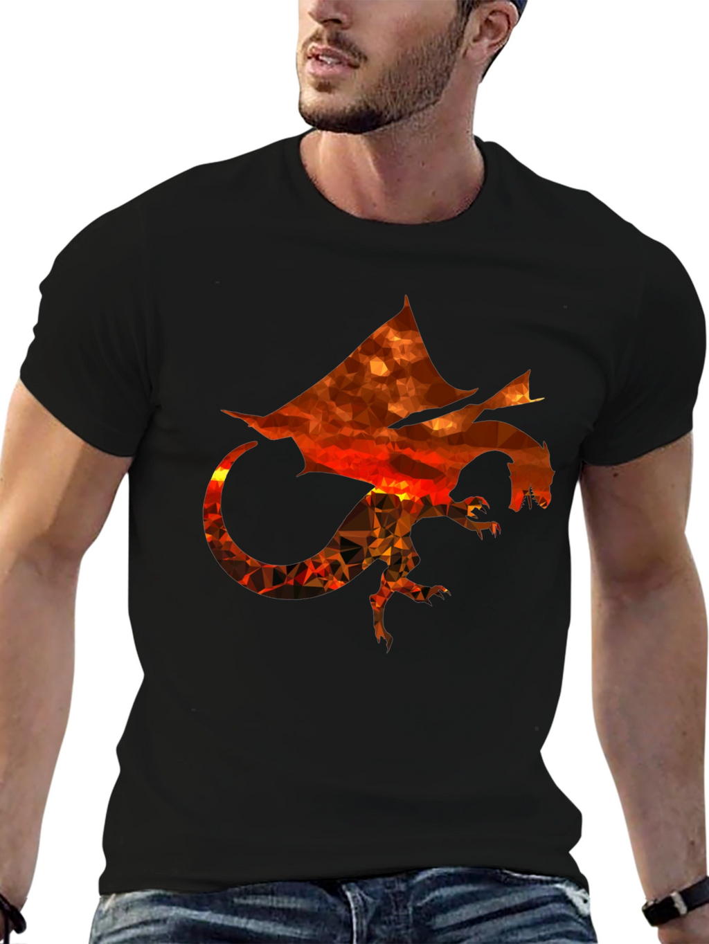 Geometric Dragon Print Black T-Shirt
