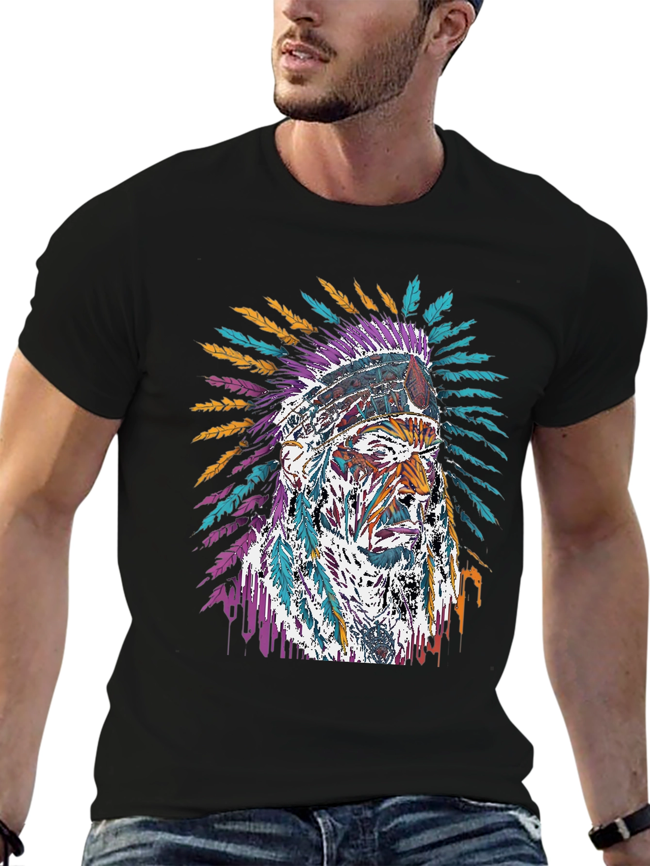 Native American Chief Graphic Black T-Shirt