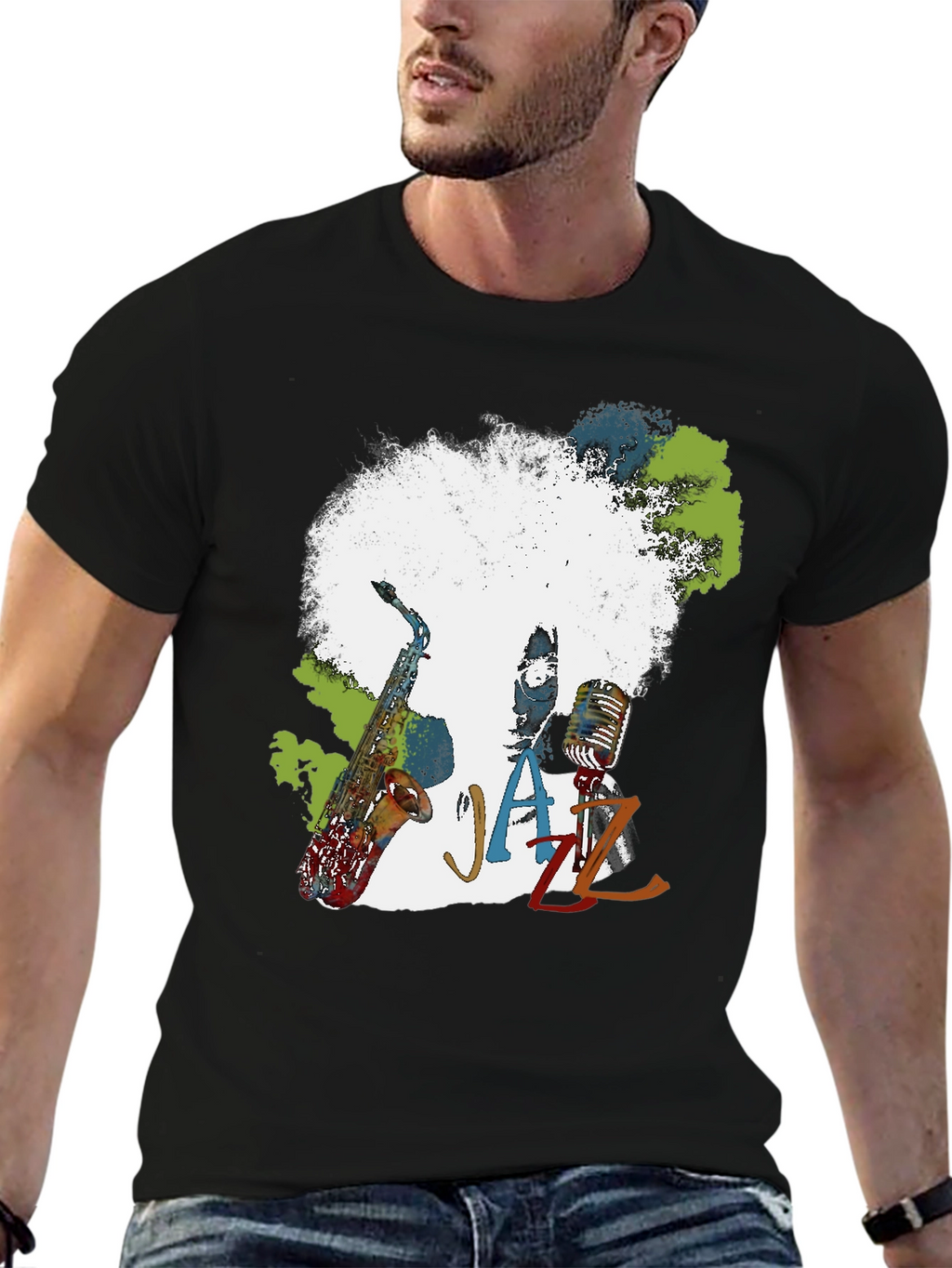 Jazz Music T-Shirt - Afro Saxophone Microphone