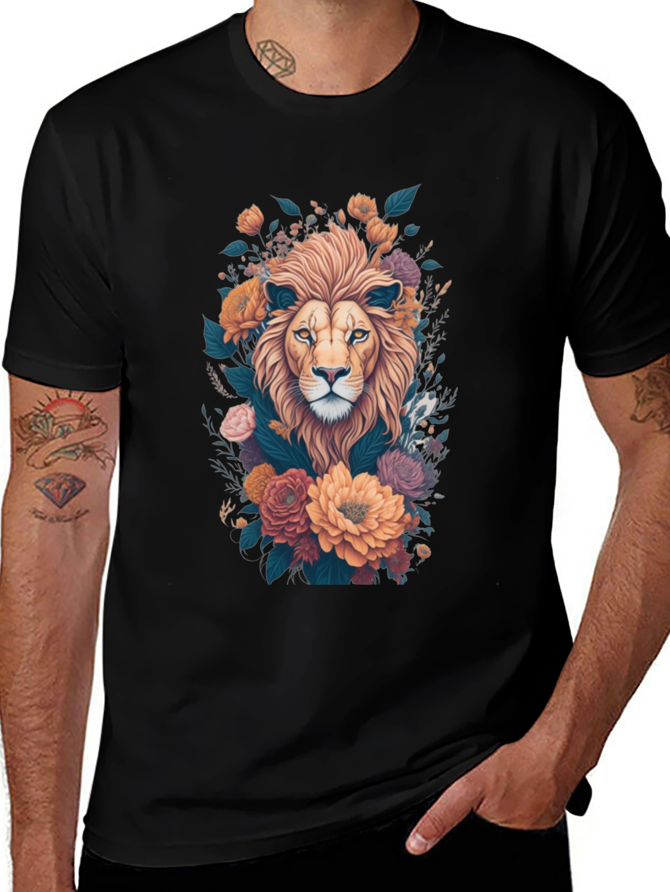Floral Lion Graphic Tee - Stylish Animal Print Shirt