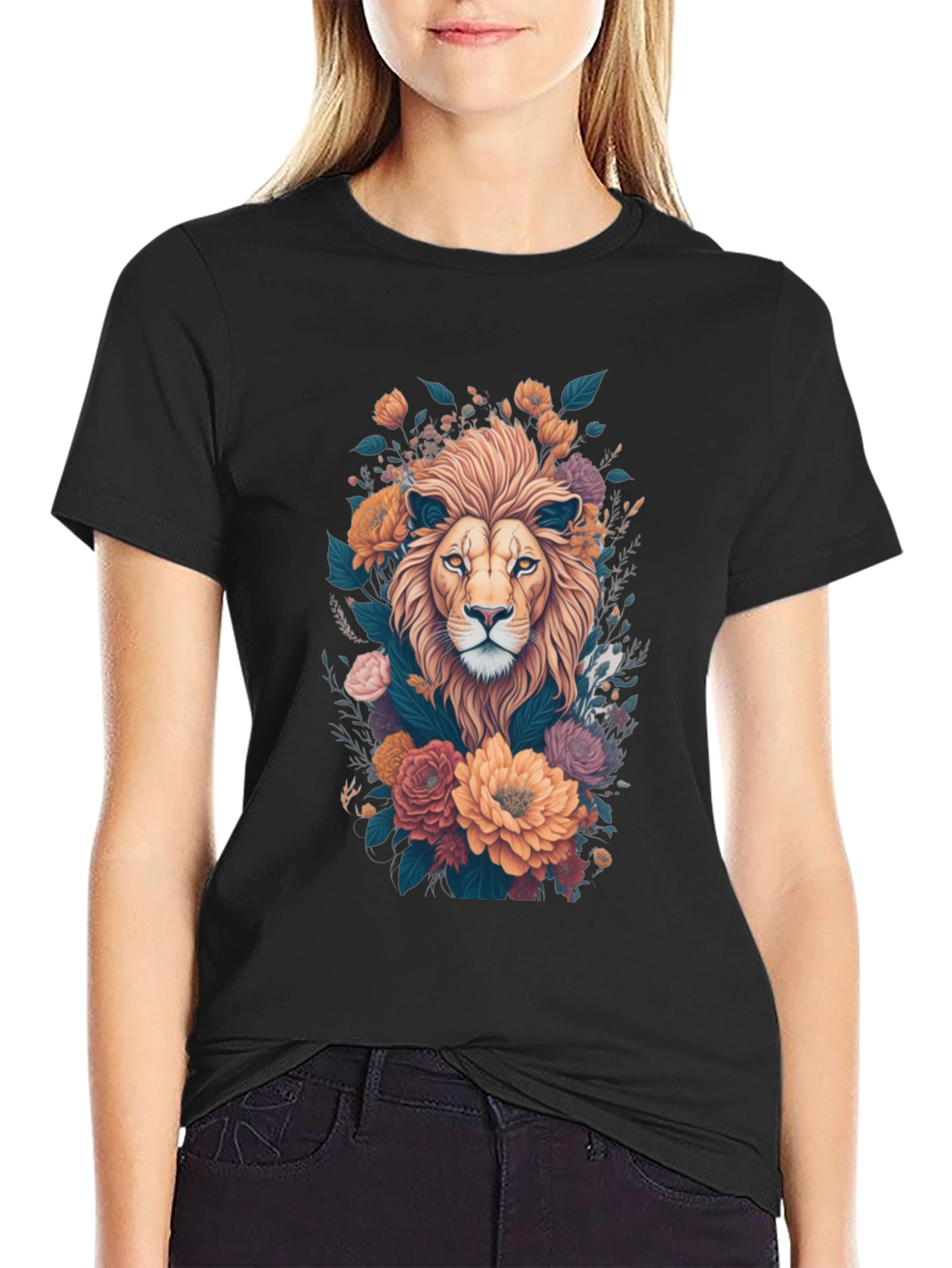 Floral Lion Graphic Tee - Stylish Animal Print Shirt