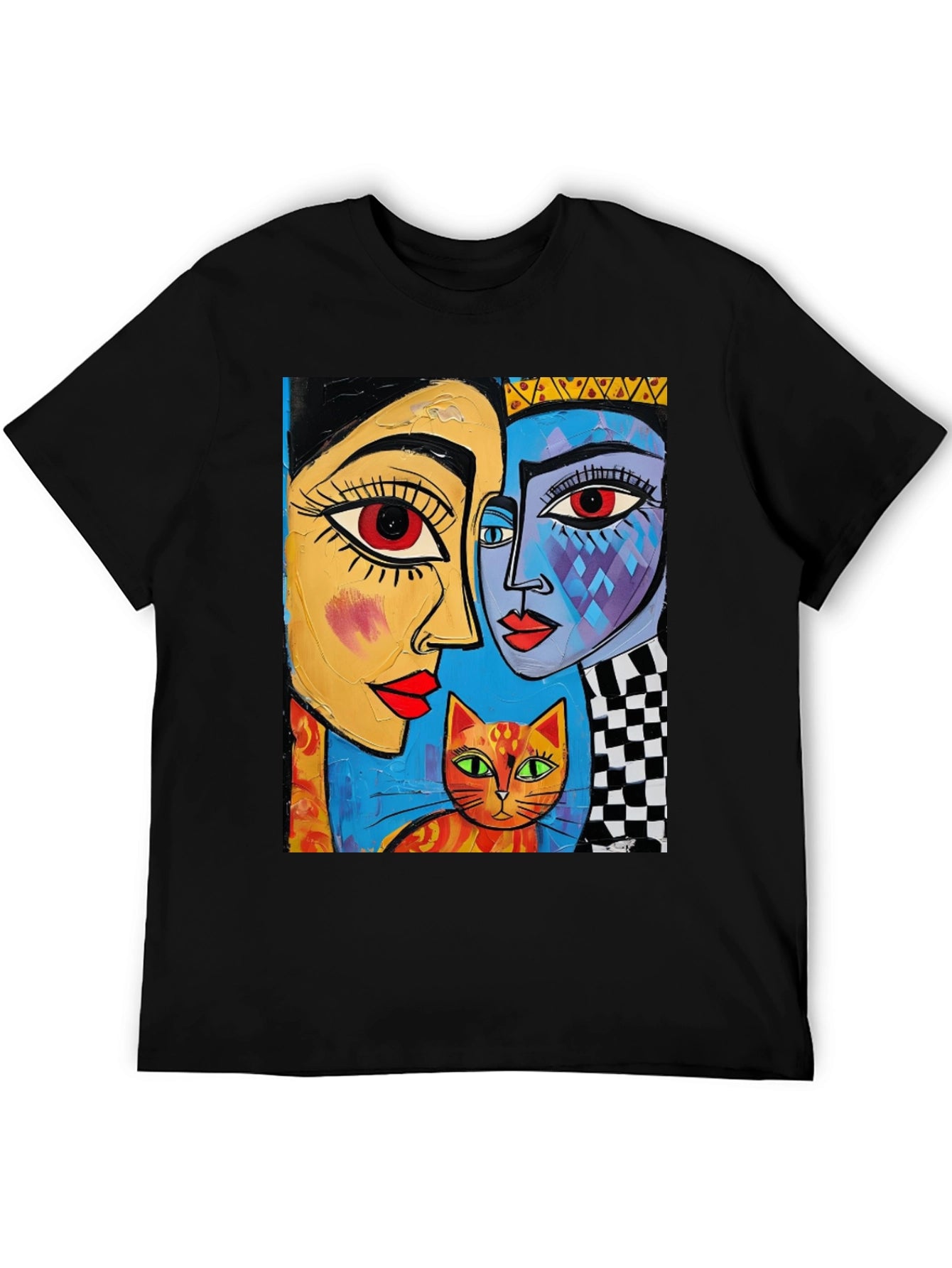Abstract Art Tee: Faces and Cat Graphic