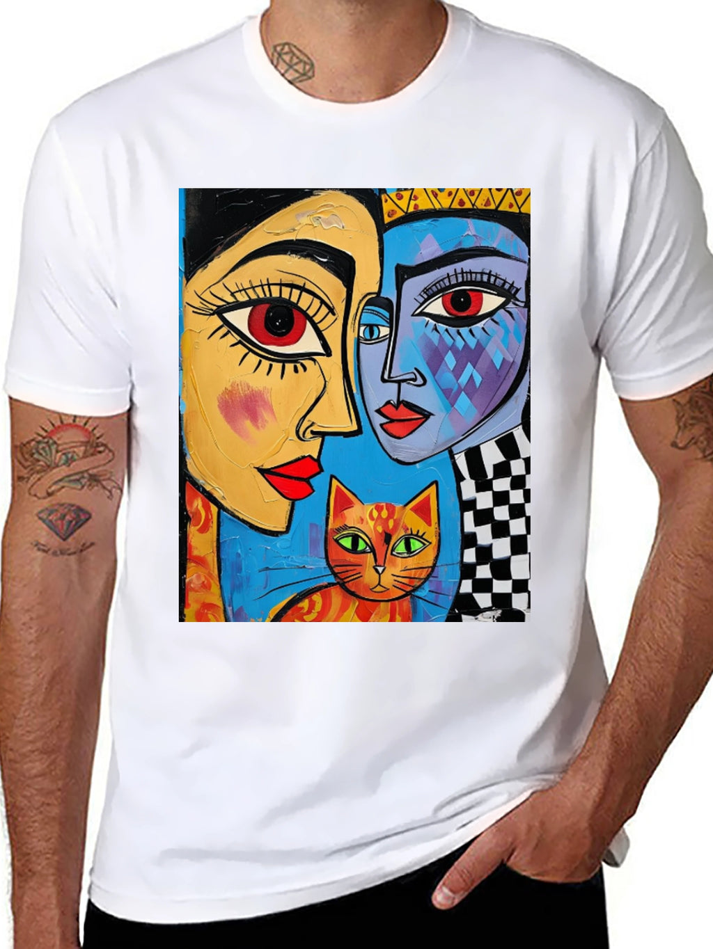 Abstract Art Tee: Faces and Cat Graphic
