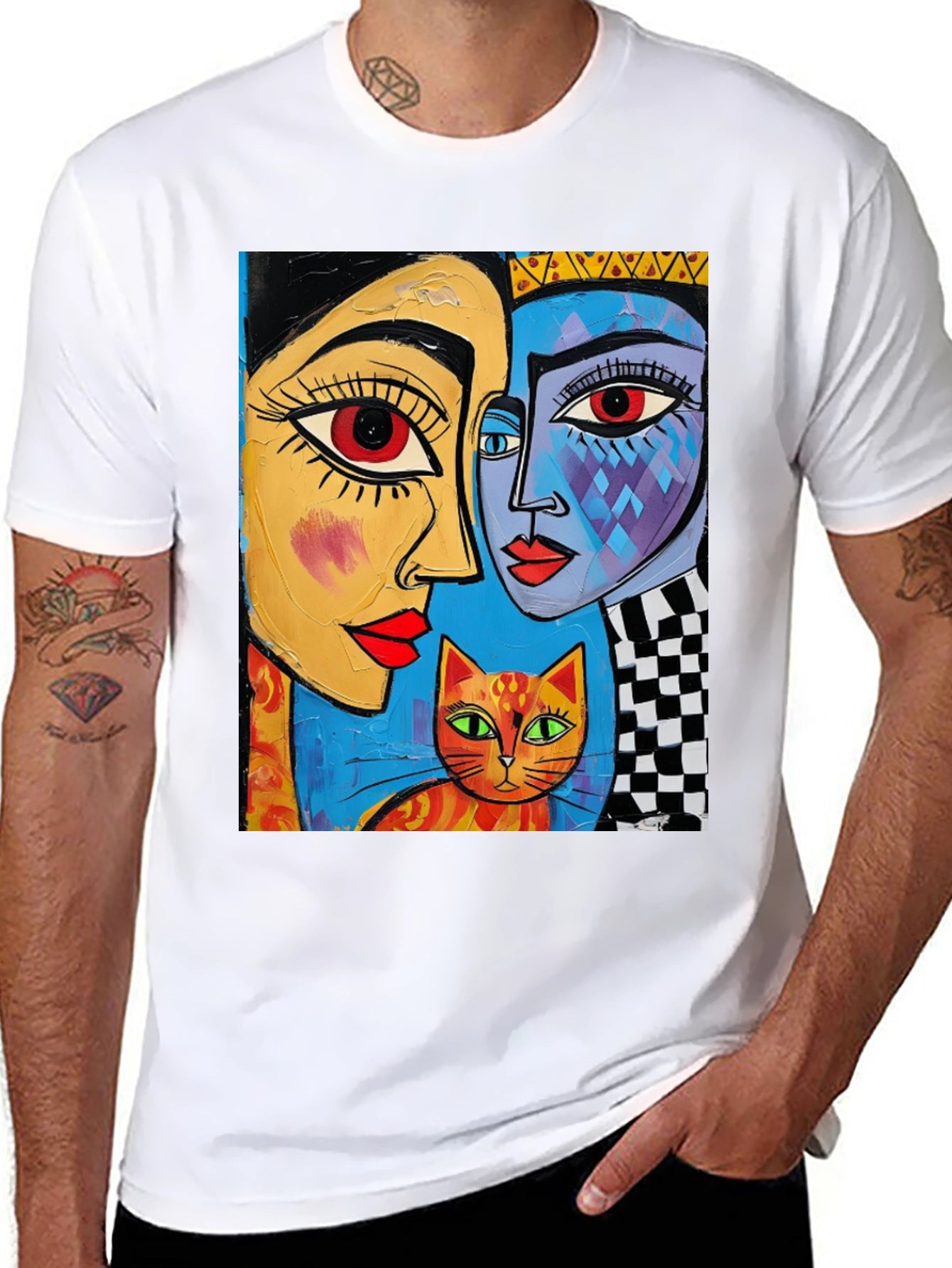 Abstract Art Tee: Faces and Cat Graphic