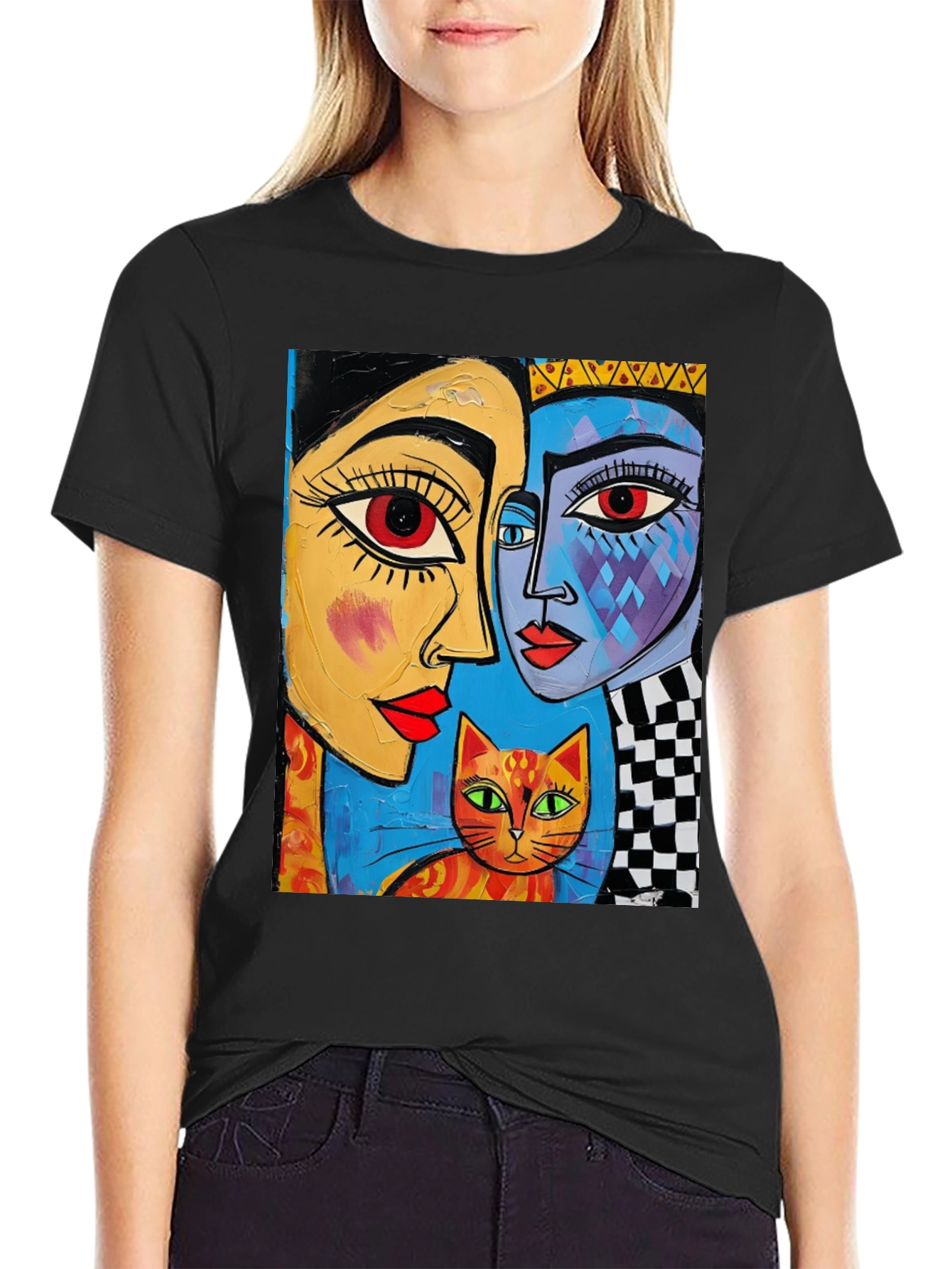 Abstract Art Tee: Faces and Cat Graphic