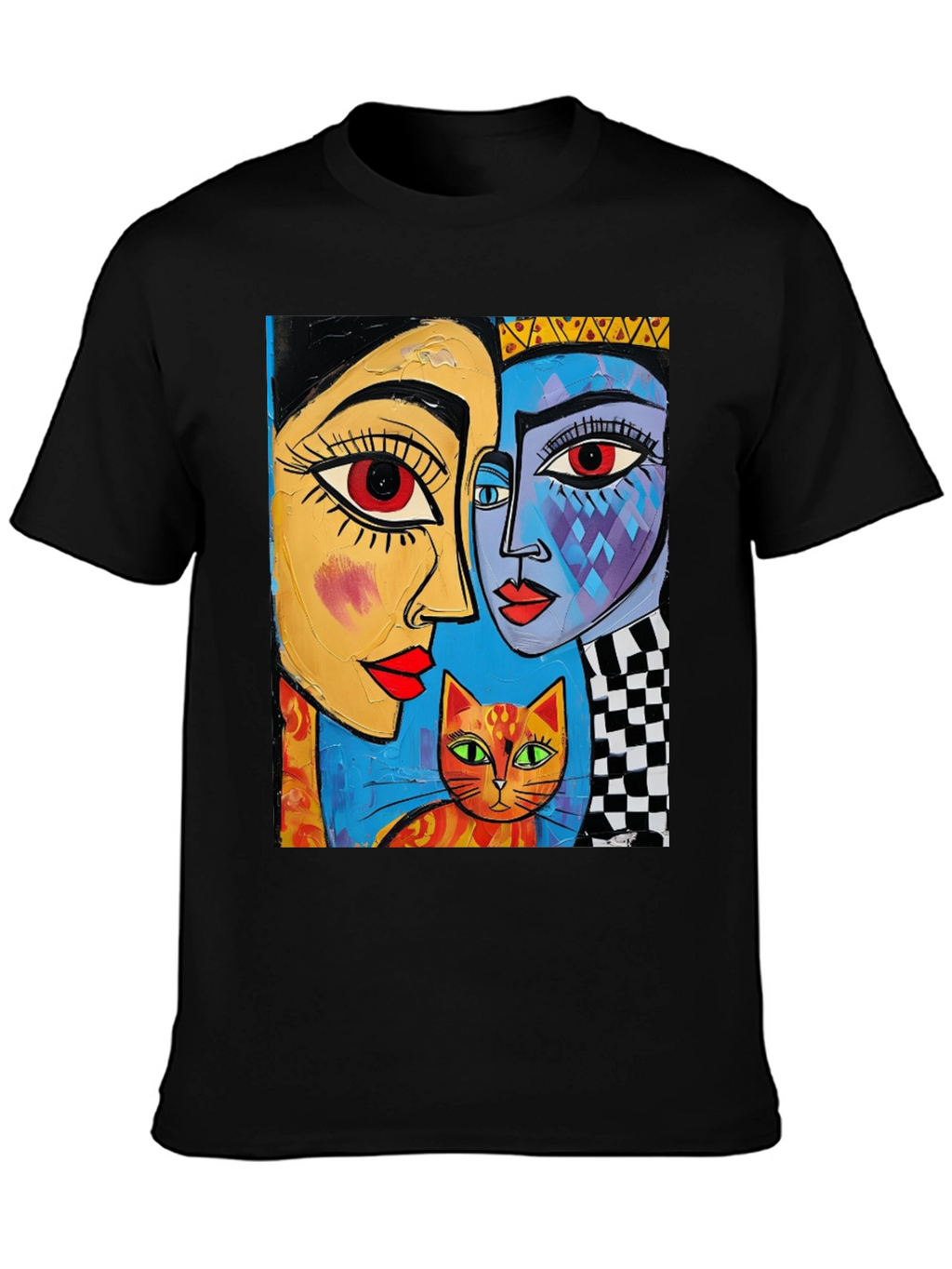 Abstract Art Tee: Faces and Cat Graphic