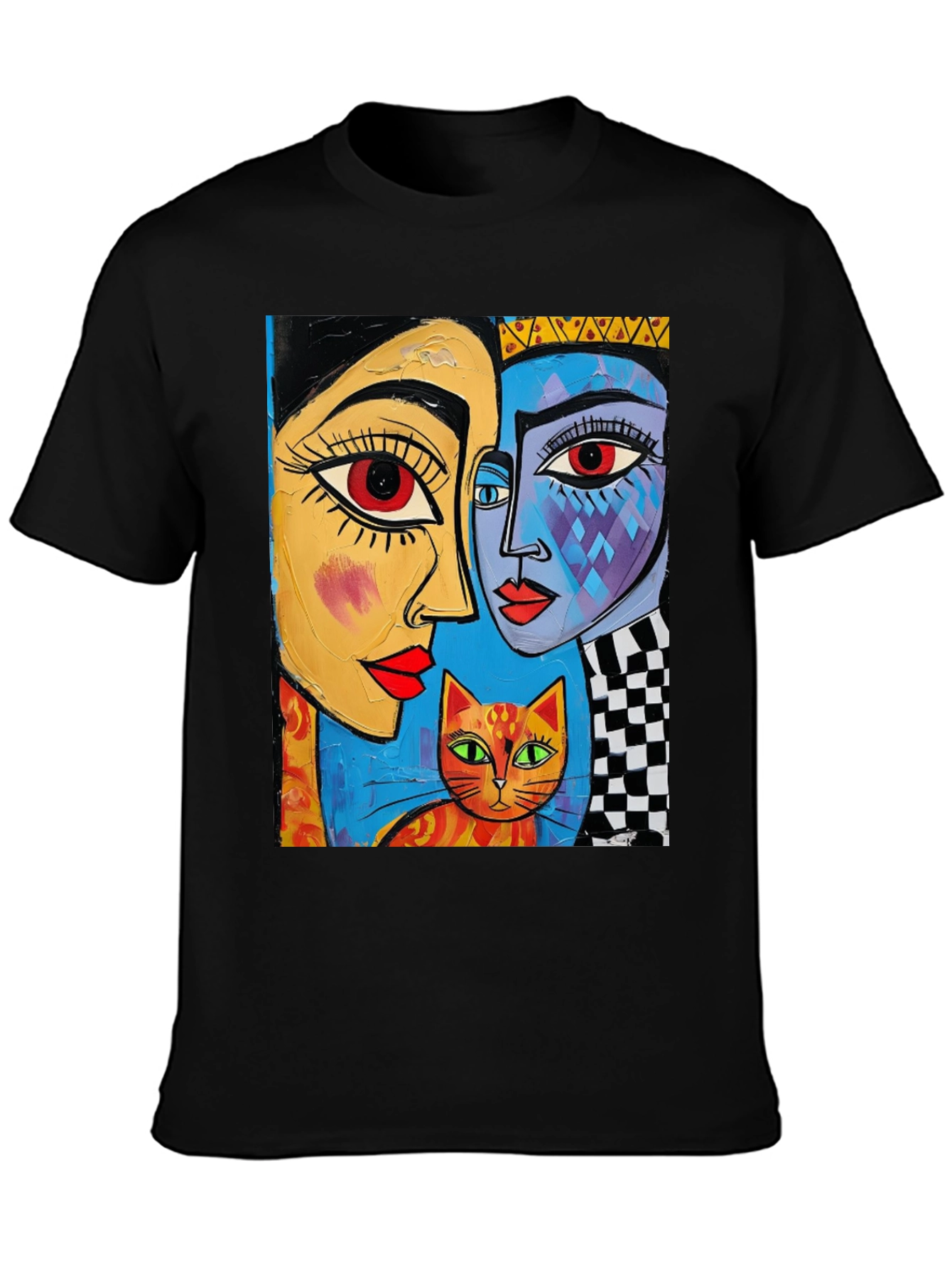 Abstract Art Tee: Faces and Cat Graphic