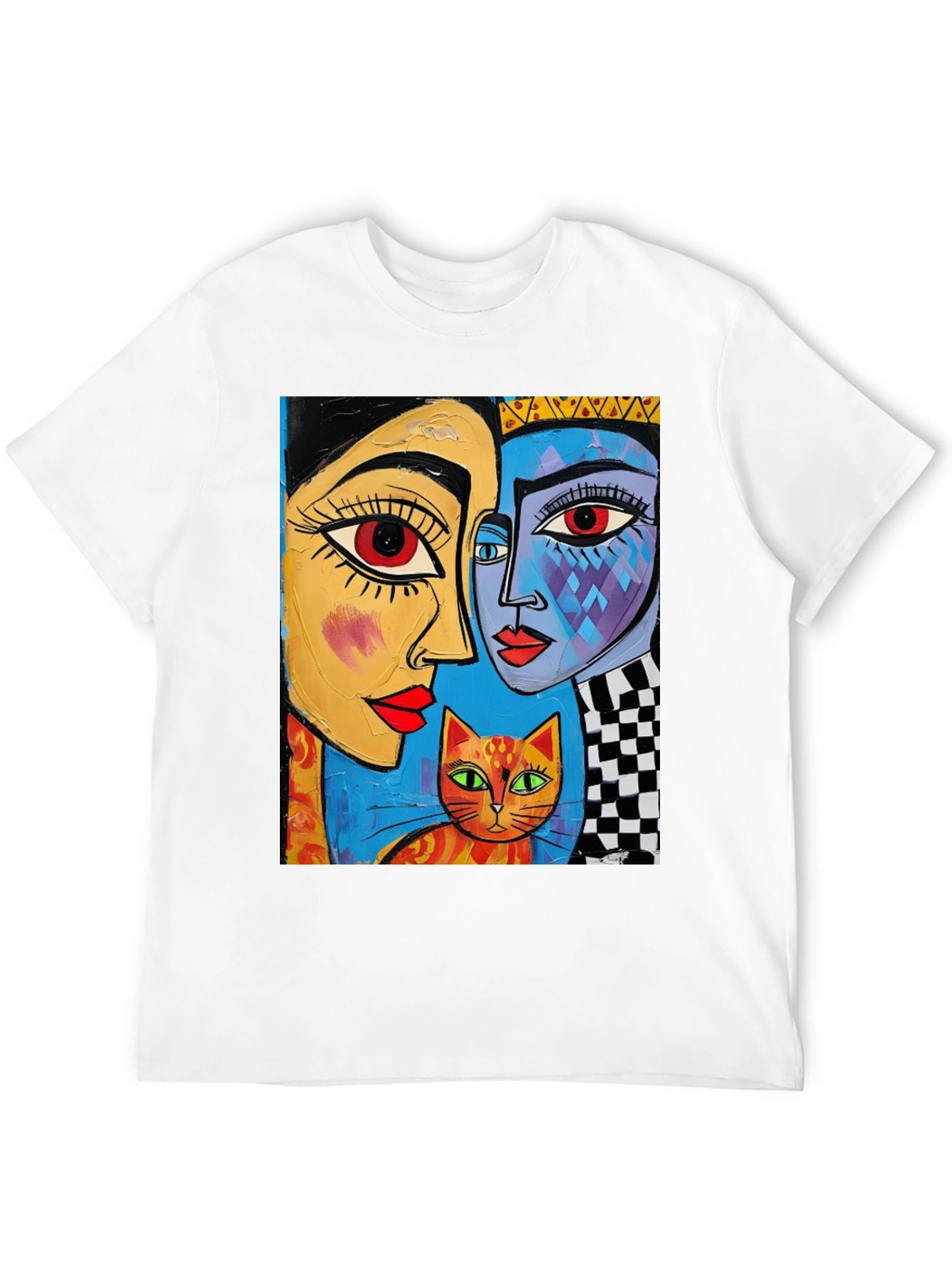 Abstract Art Tee: Faces and Cat Graphic