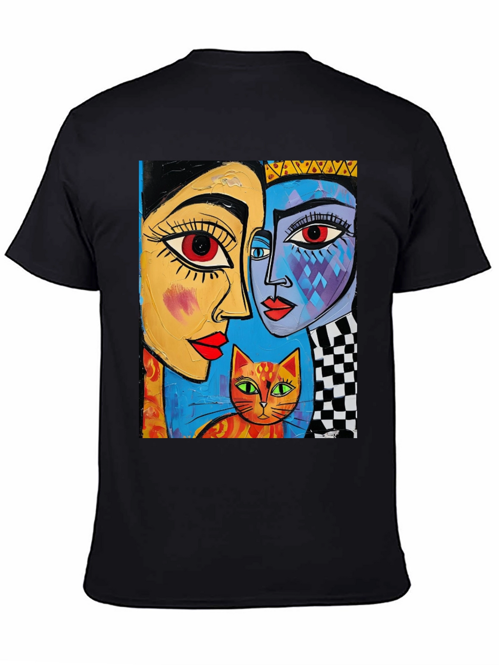 Abstract Art Tee: Faces and Cat Graphic