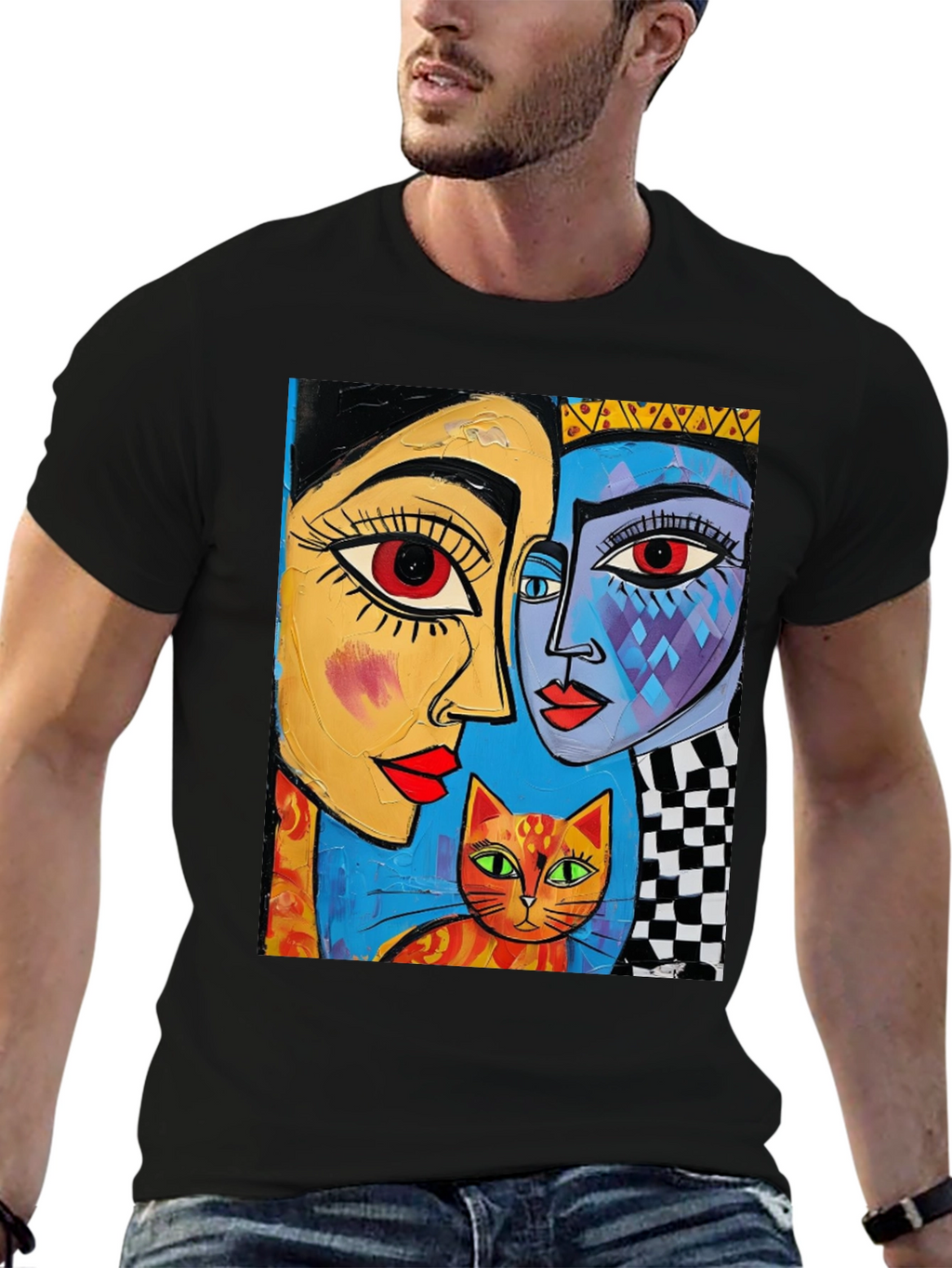 Abstract Art Tee: Faces and Cat Graphic