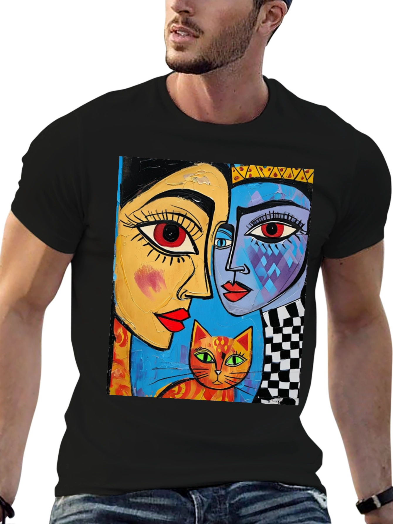 Abstract Art Tee: Faces and Cat Graphic