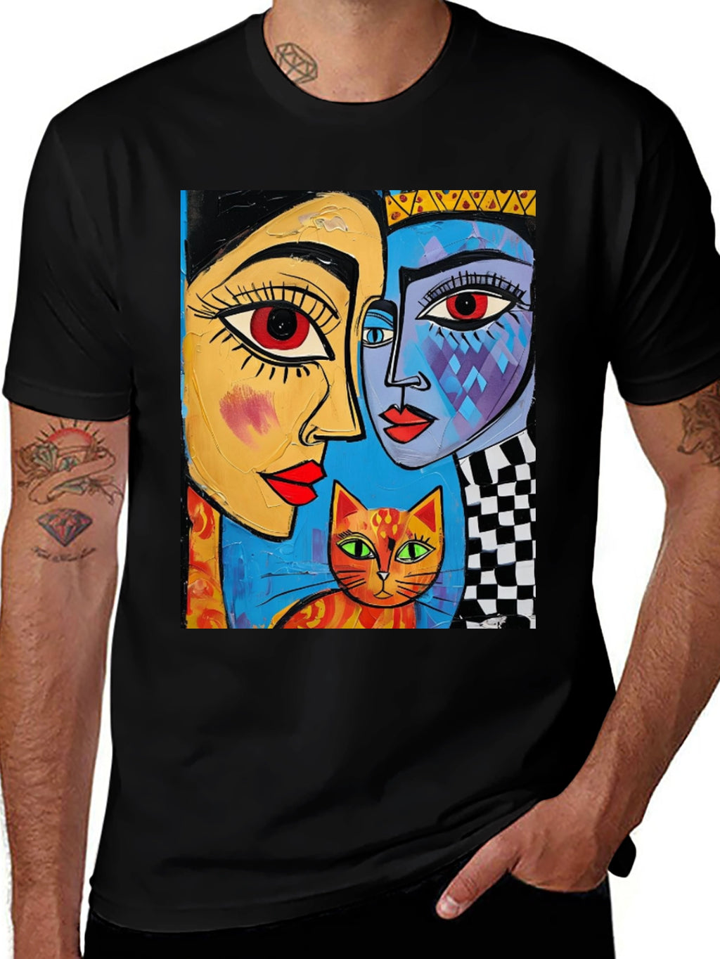 Abstract Art Tee: Faces and Cat Graphic