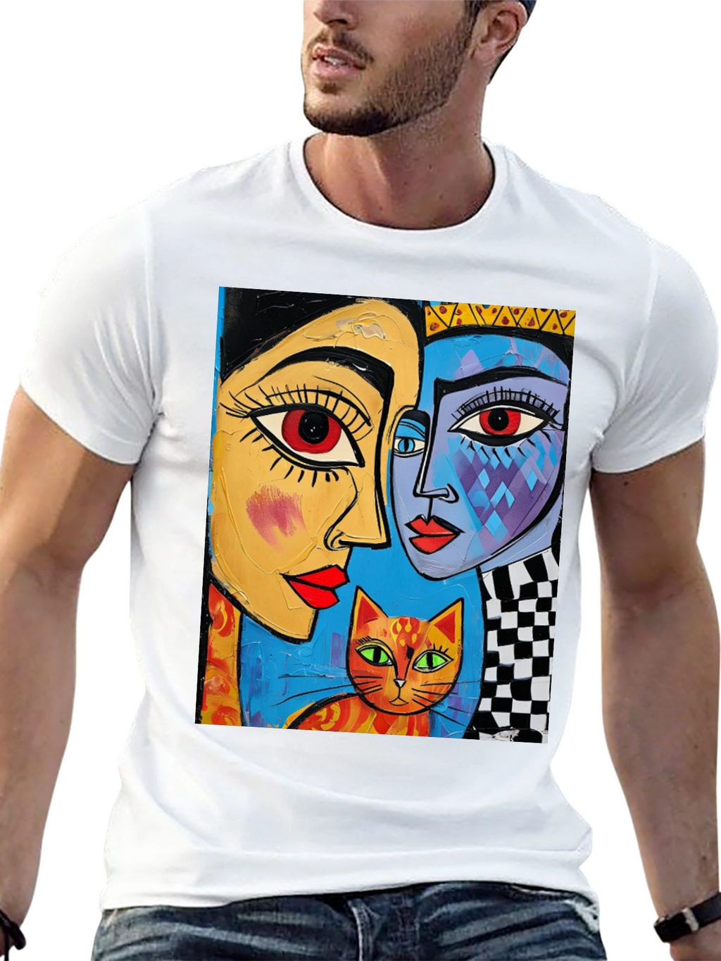 Abstract Art Tee: Faces and Cat Graphic