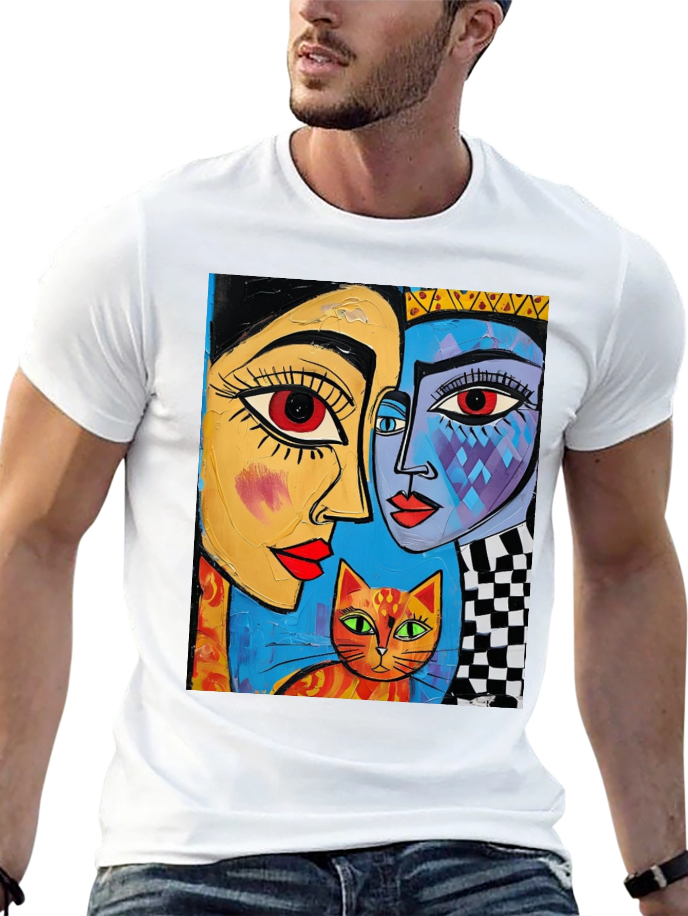 Abstract Art Tee: Faces and Cat Graphic