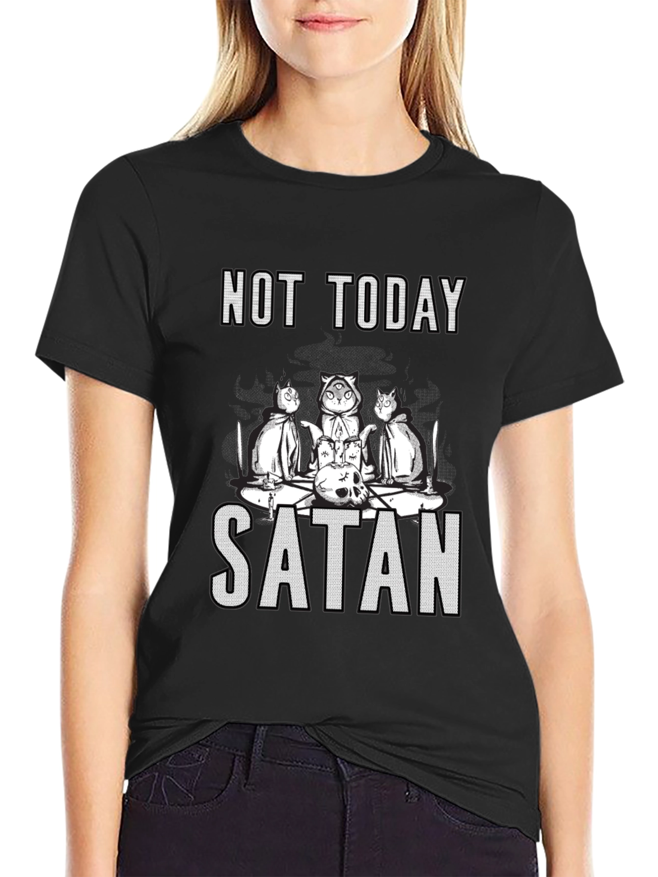 Not Today Satan Cat Cult T-Shirt - Black Humor Tee
