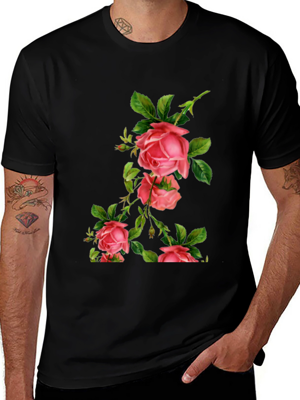 Floral Rose Print Black T-Shirt