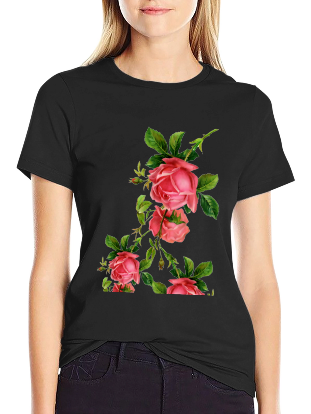 Floral Rose Print Black T-Shirt