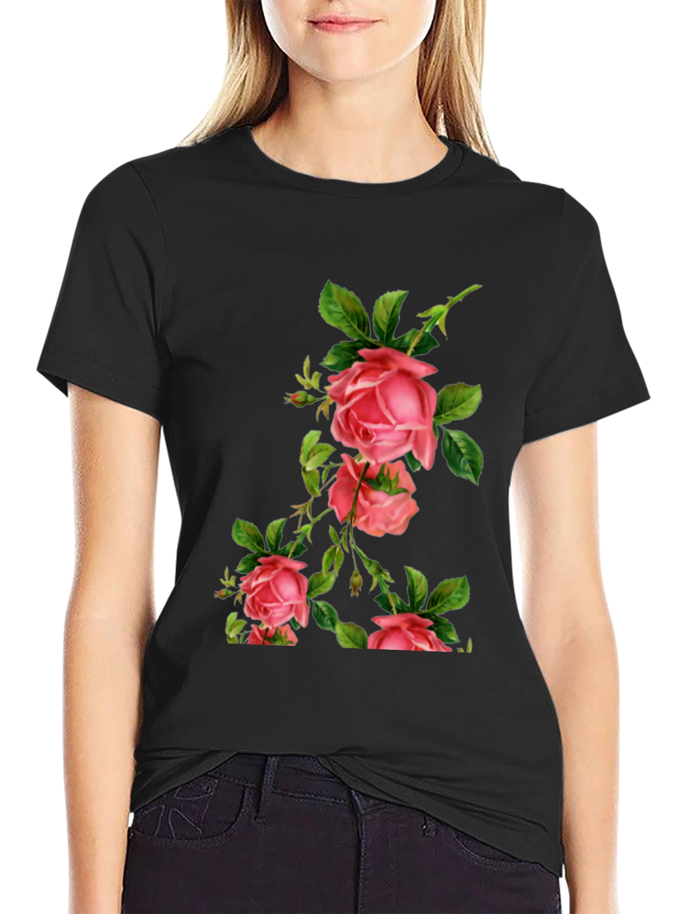 Floral Rose Print Black T-Shirt