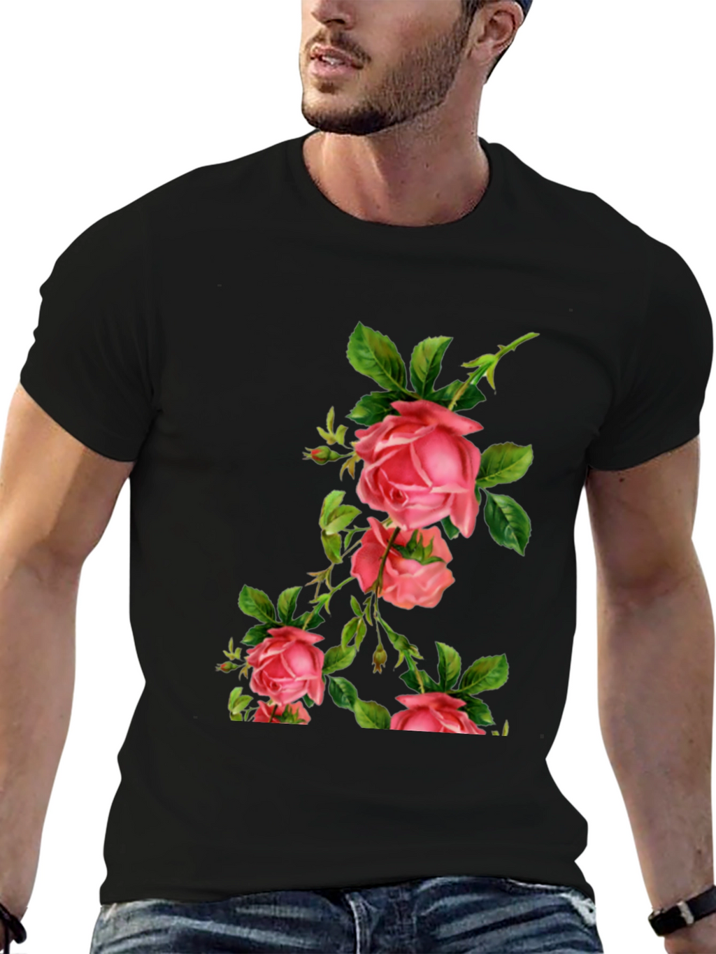 Floral Rose Print Black T-Shirt