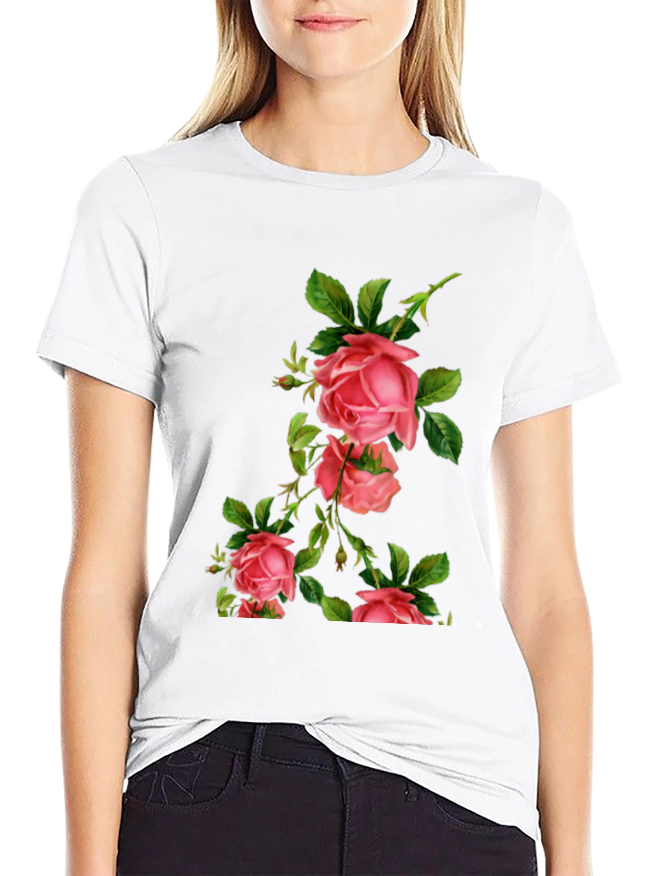 Floral Rose Print Black T-Shirt